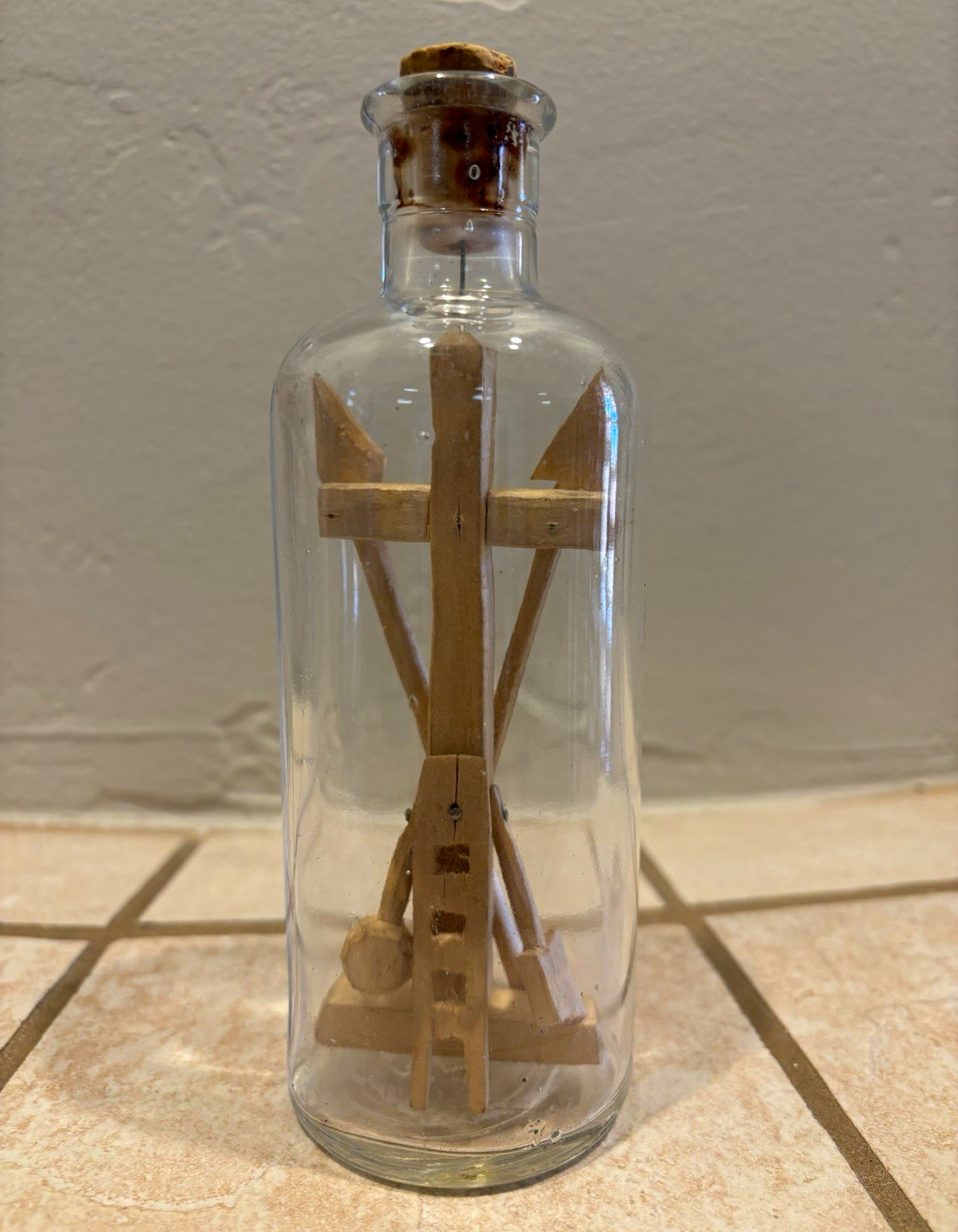 VTG Folk Art Whimsy Passion Bottle Religious Crucifix Cross Miniature 6”