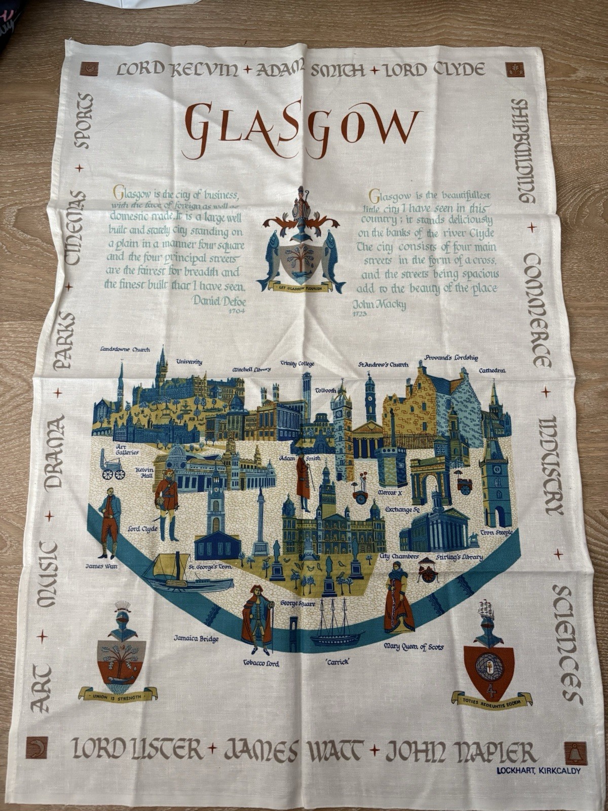 Vintage Glasgow Tea Towel Wall Hanging New BNWOT 100% Cotton Kirkcaldy Lockhart