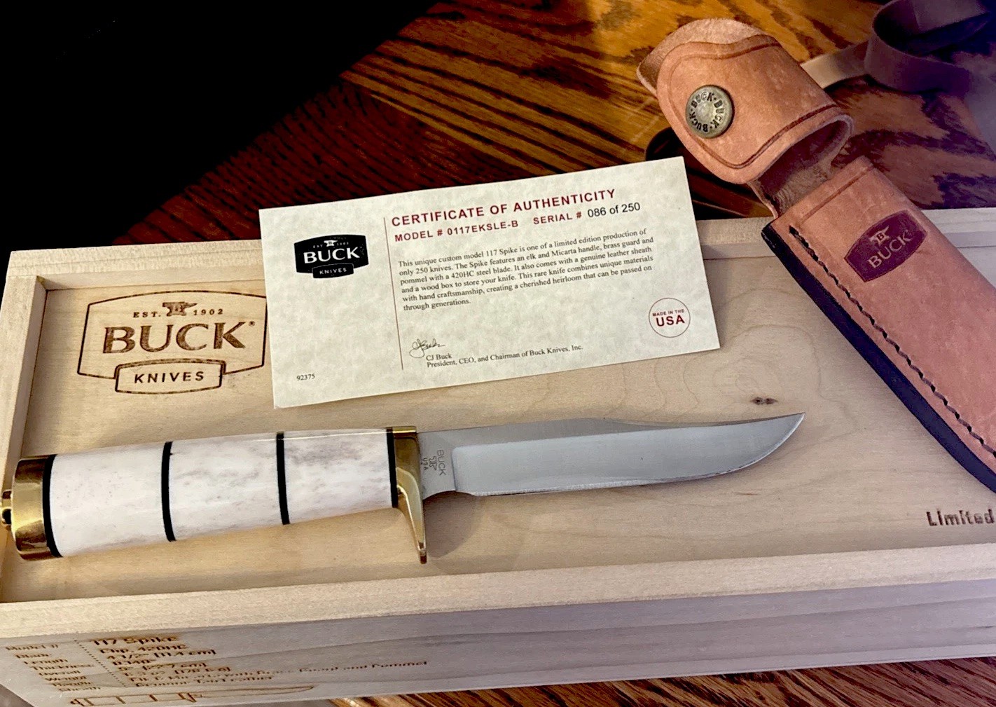 Buck Knife LE 117 Spike Elk Micarta Handle Brass Guard And Pommel 420HC 86/250 Buck Knife LE 117 Spike Elk Micarta Handle Brass Guard And Pommel 420HC 86/250
