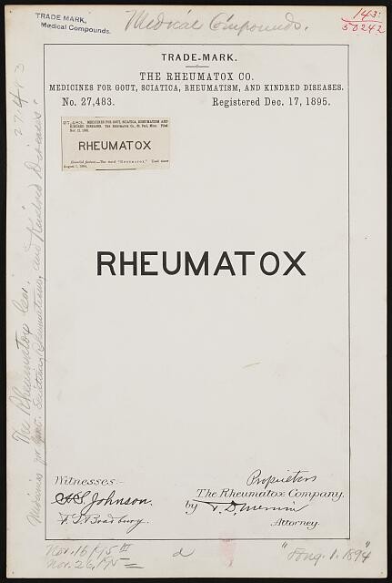 Photo:Trade Mark Rheumatox Co Medicines for Gout Sciatica Rheumatism 1895