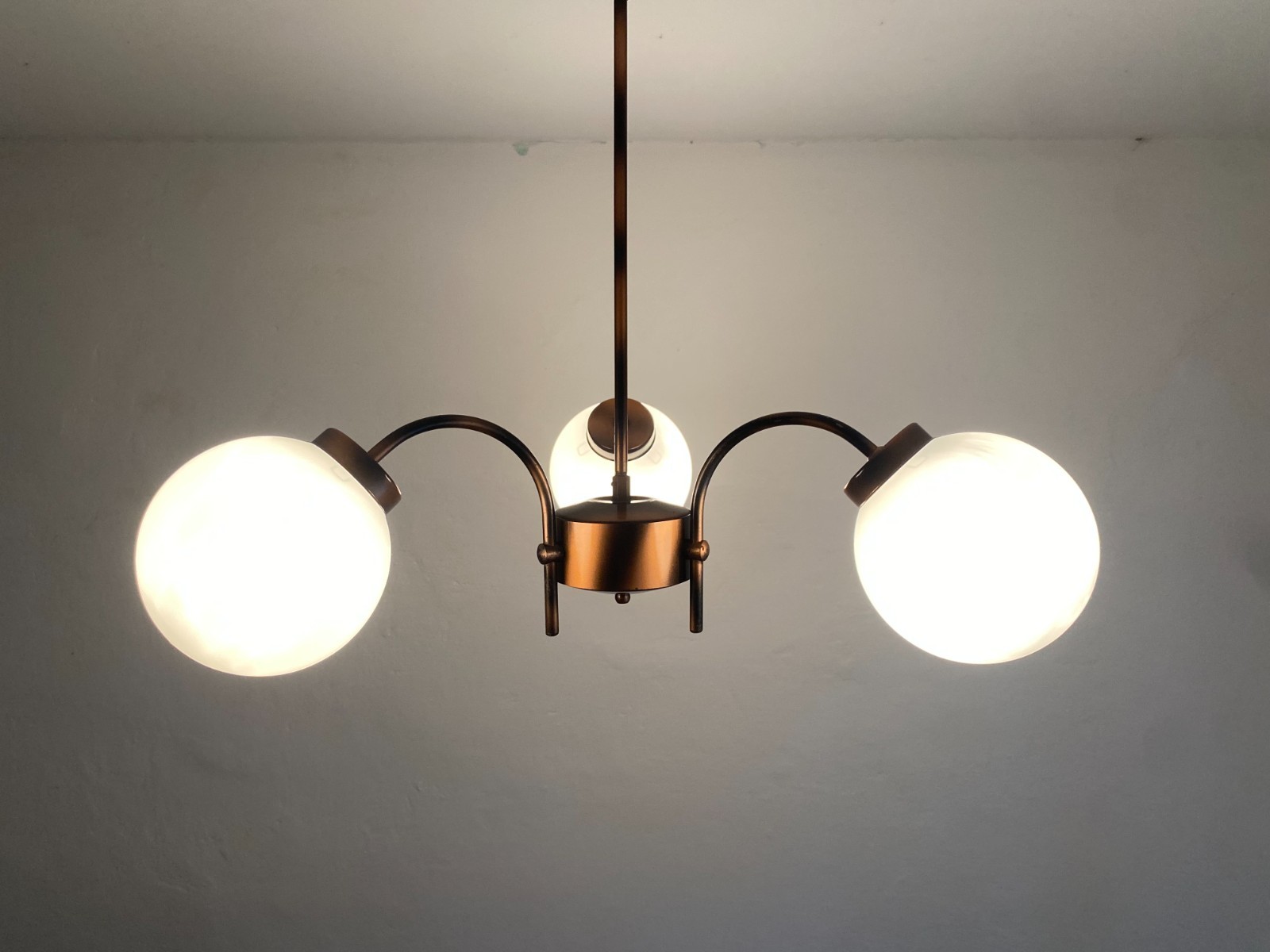 Vintage KAJ Yugoslavia 3 Light Chandelier MCM Opaline Glass Globe Ceiling Lamp