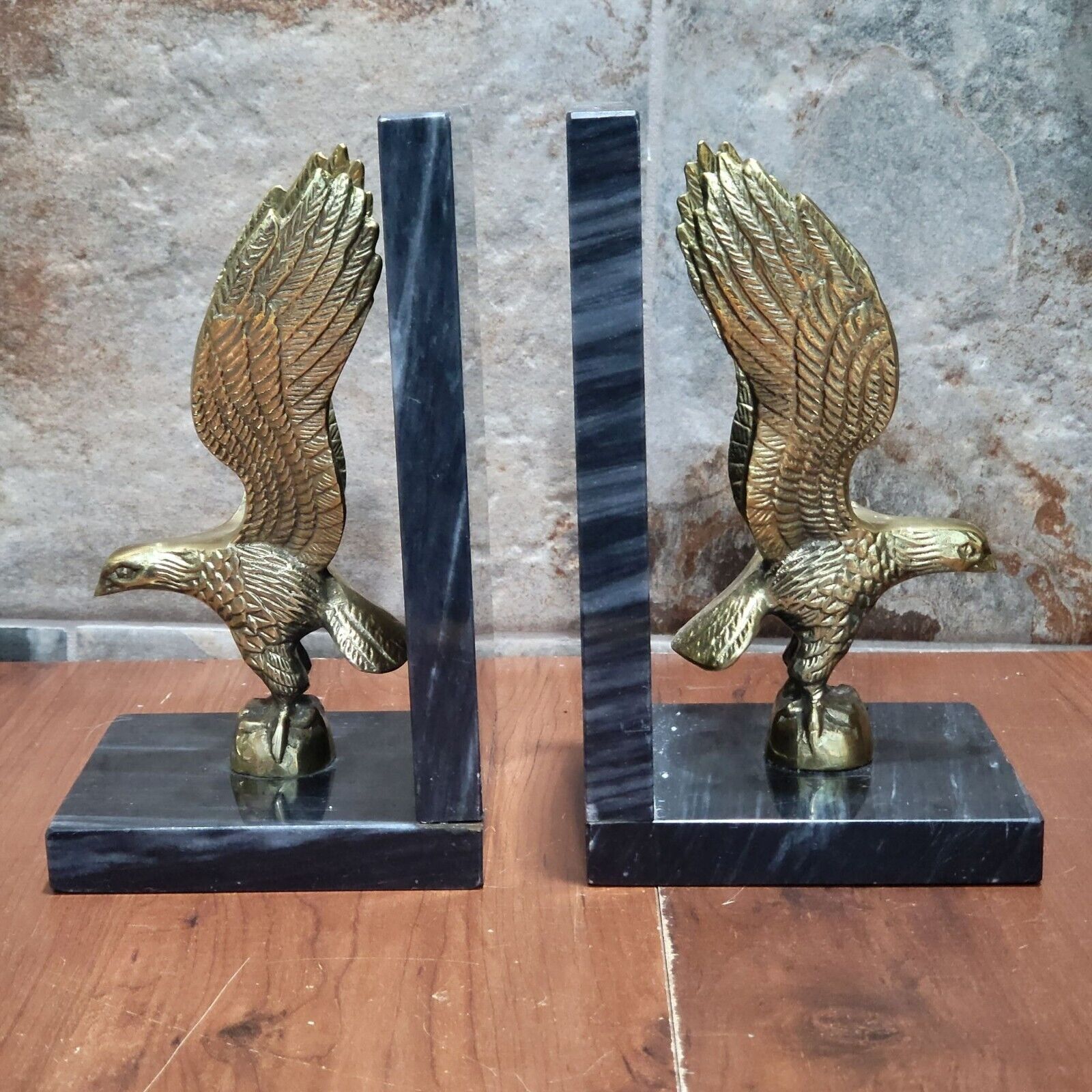 Vintage Pair Brass Eagle Marble Bookends