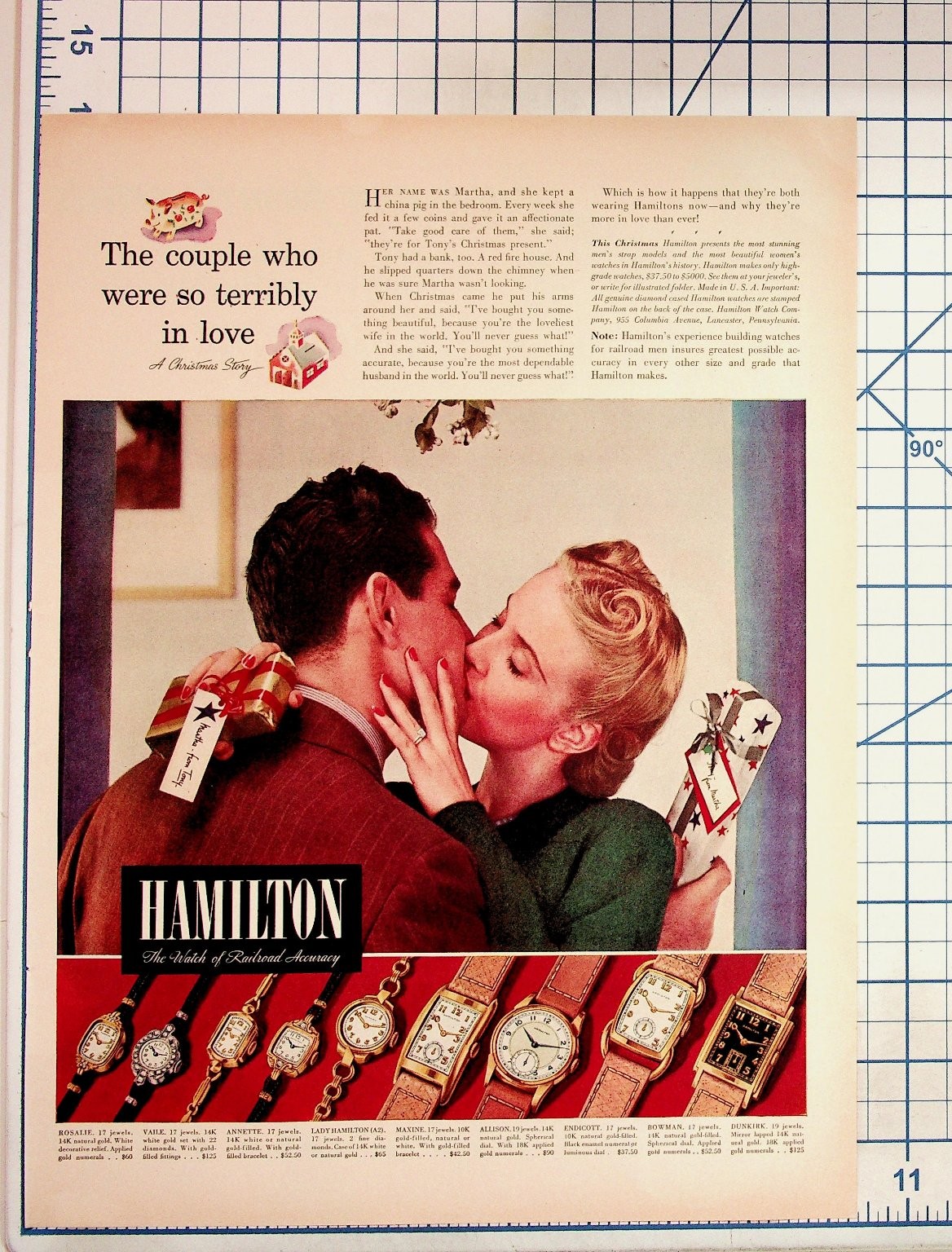 Vintage 1940s Hamilton Watch Ad Christmas Kiss Couple Lancaster PA Railroad