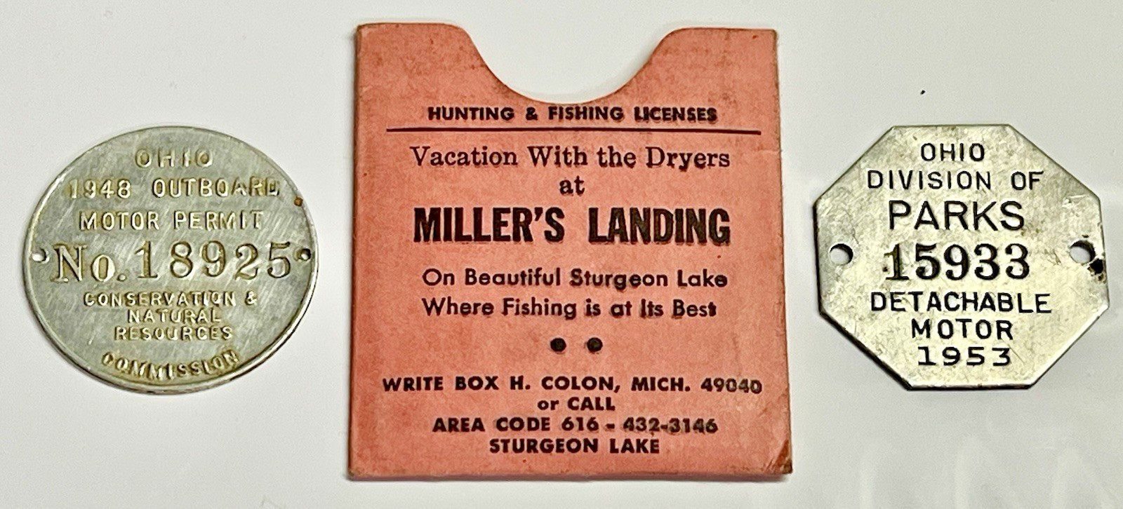 2 VINTAGE 1948 1953 OHIO OUTBOARD BOAT MOTOR METAL LICENSE TAGS MILLERS LANDING