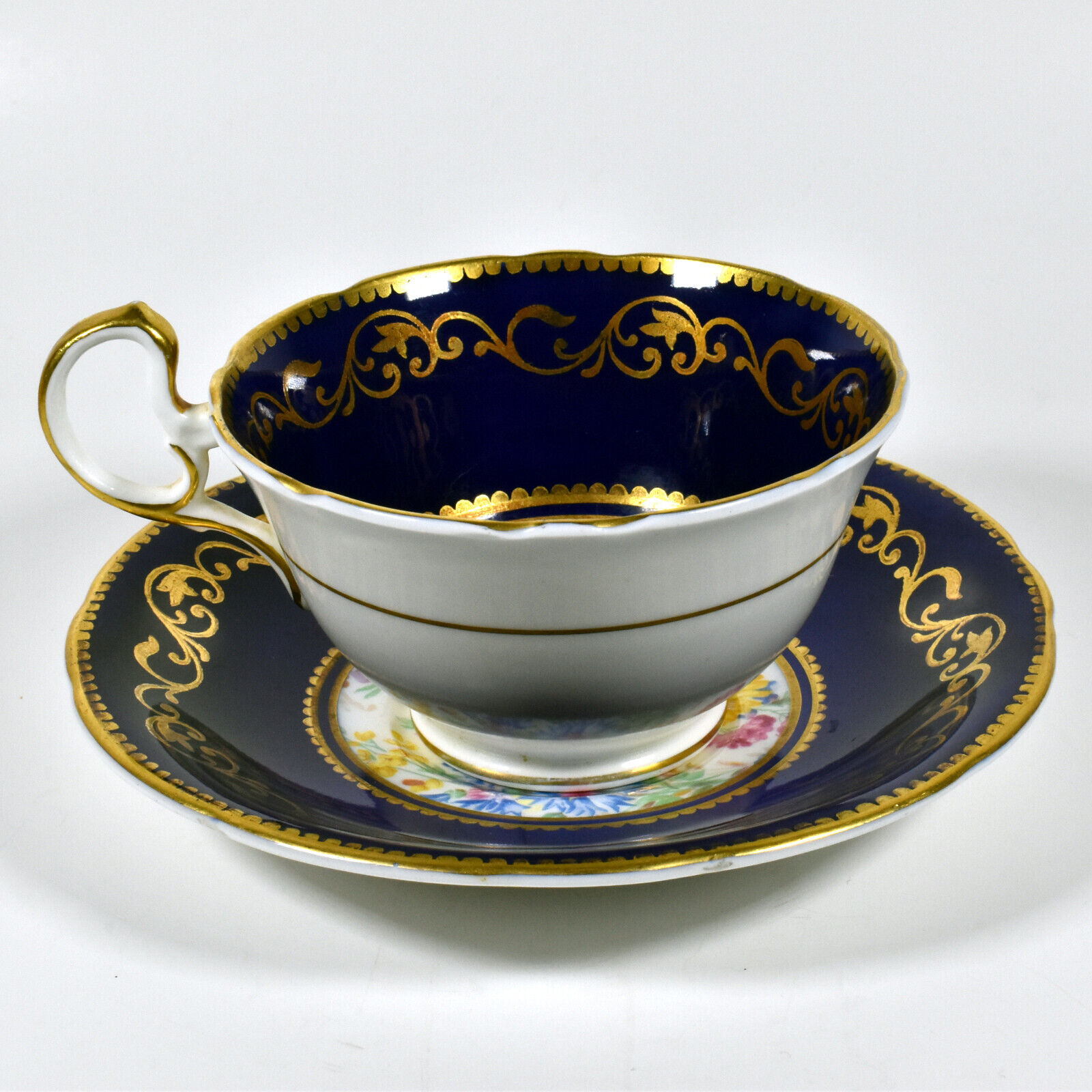 Aynsley English Bone China Cobalt Blue and Gold Floral Teacup & Saucer