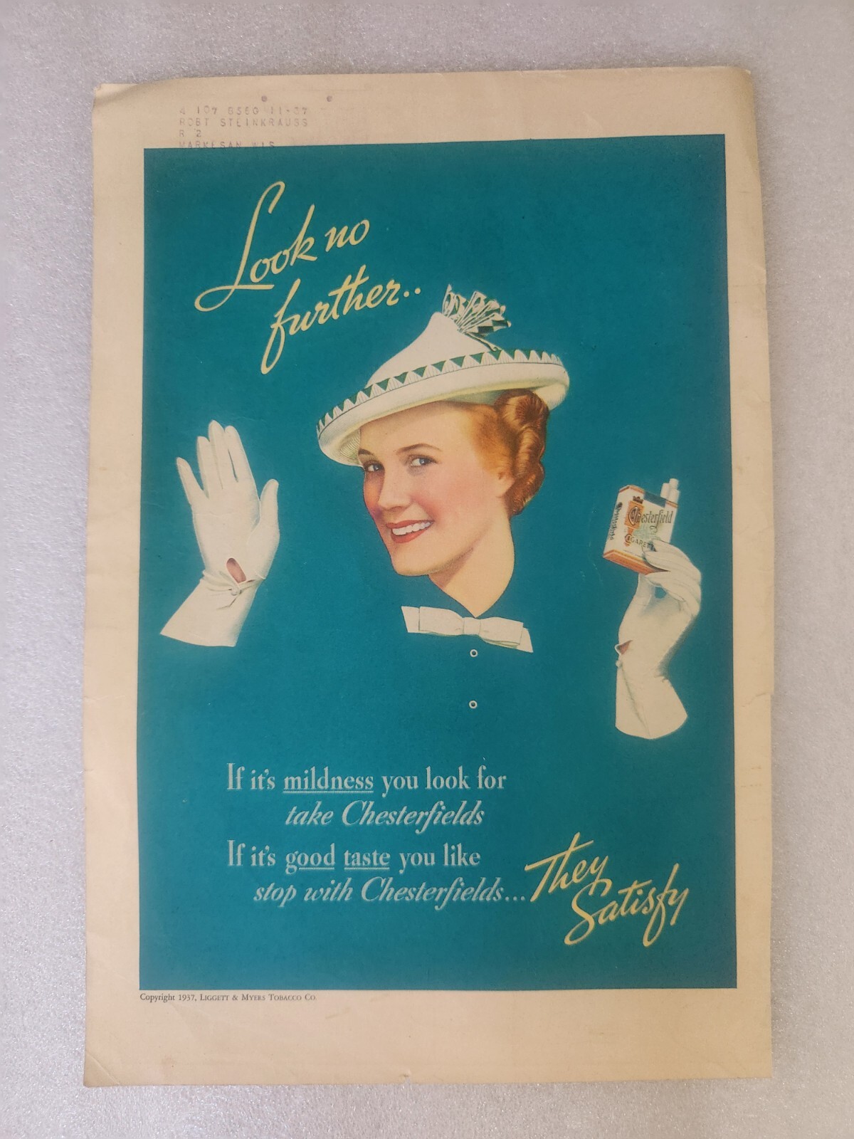 Vintage Chesterfield Print Ad from Magazine Look No Further... They Satisfy 1937