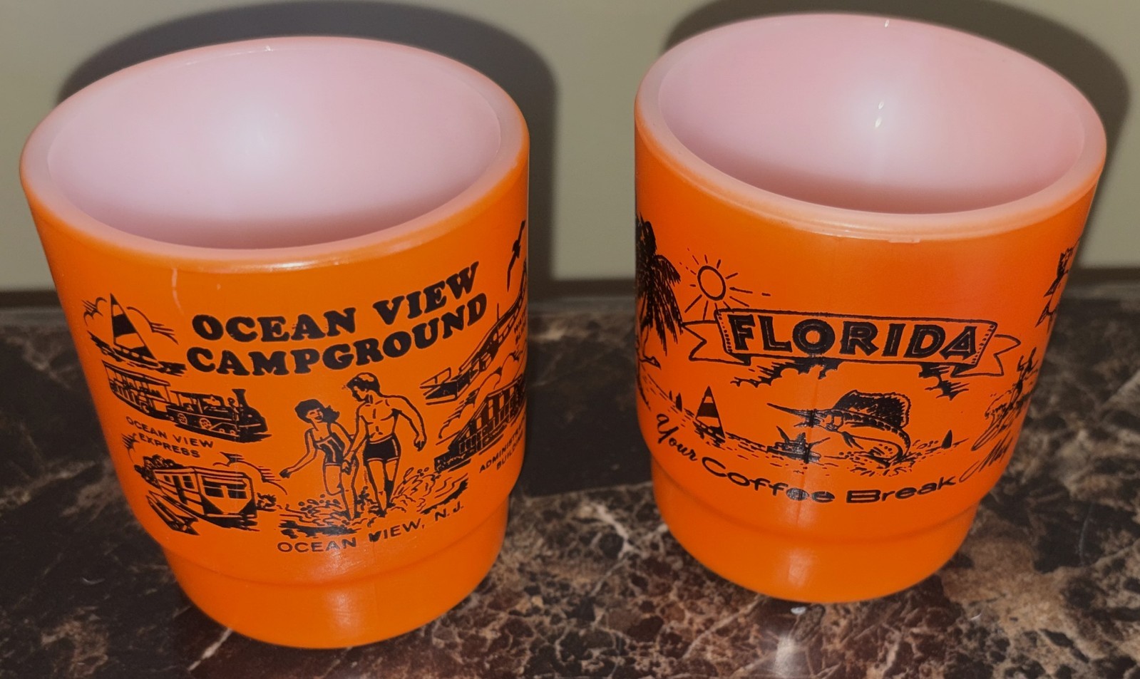 2 Vtg Anchor Hocking Souvenir Orange Mugs~Ocean View Campground NJ~Florida 2 Vtg Anchor Hocking Souvenir Orange Mugs~Ocean View Campground NJ~Florida