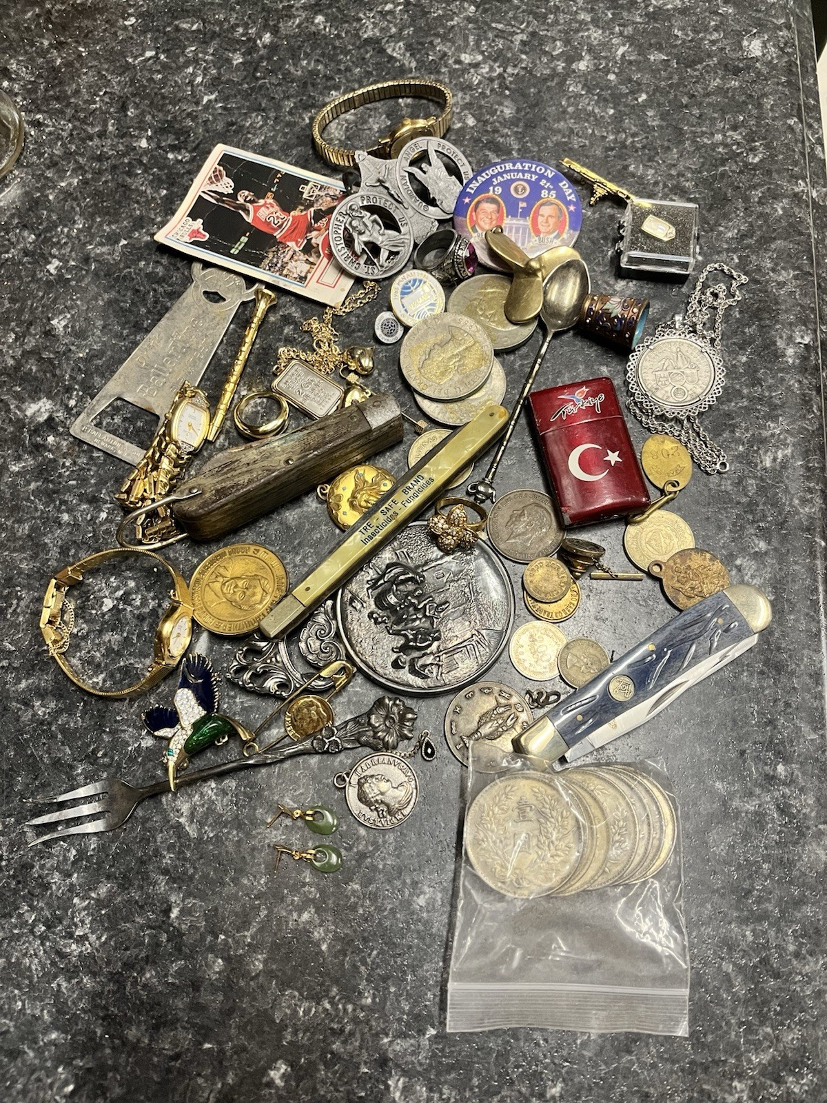 VTG Grandpa’s Estate Junk Drawer Jewelry Pins Watches Coins Masonic Cool Stuff