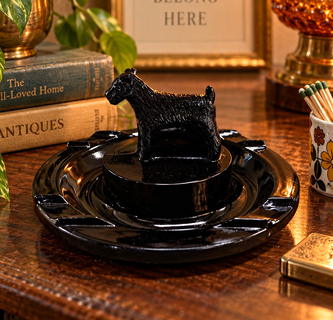 Vtg Greensburg Black Glass Scottish Terrier Dog Ashtray Art Deco Tobacciana Tray