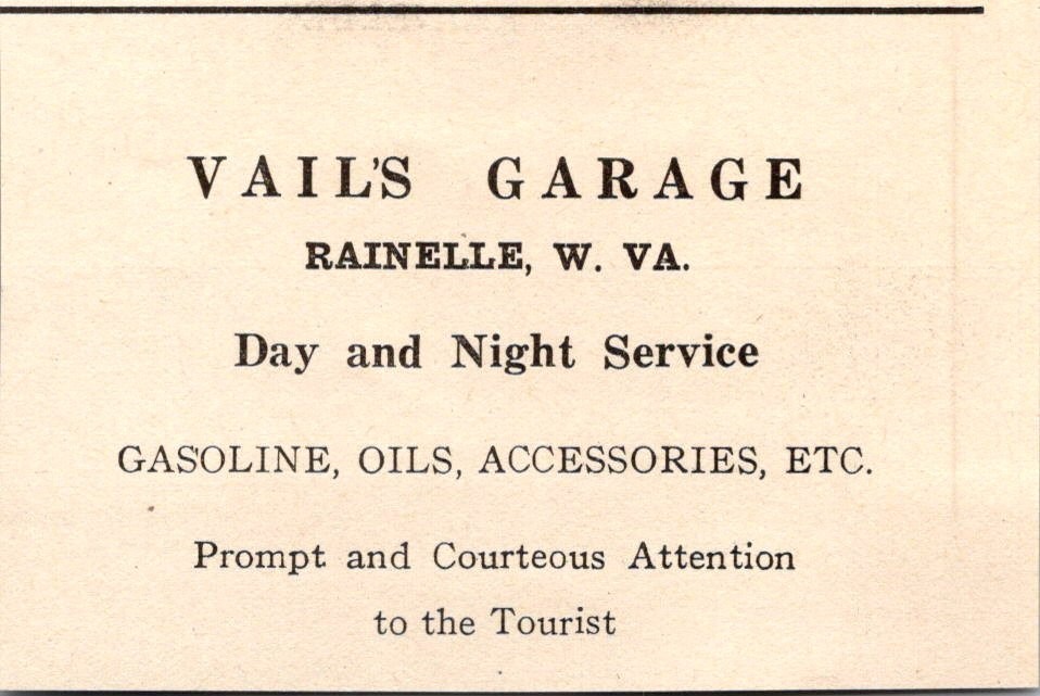 Vail's Garage Day & Night Service Rainelle W VA 1927 WV Clipping TAK1-S43 Vail's Garage Day & Night Service Rainelle W VA 1927 WV Clipping TAK1-S43