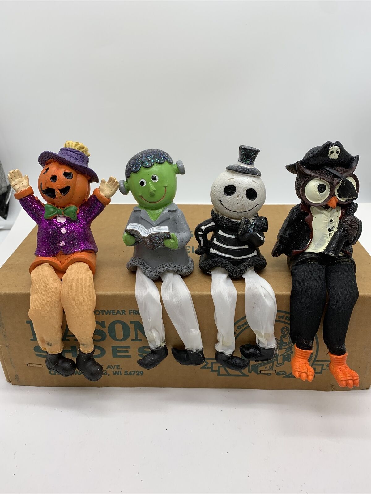 Adorable Lot Of 4 Halloween Shelf Sitters Frankenstein, Pumpkin, Skeleton & Owl