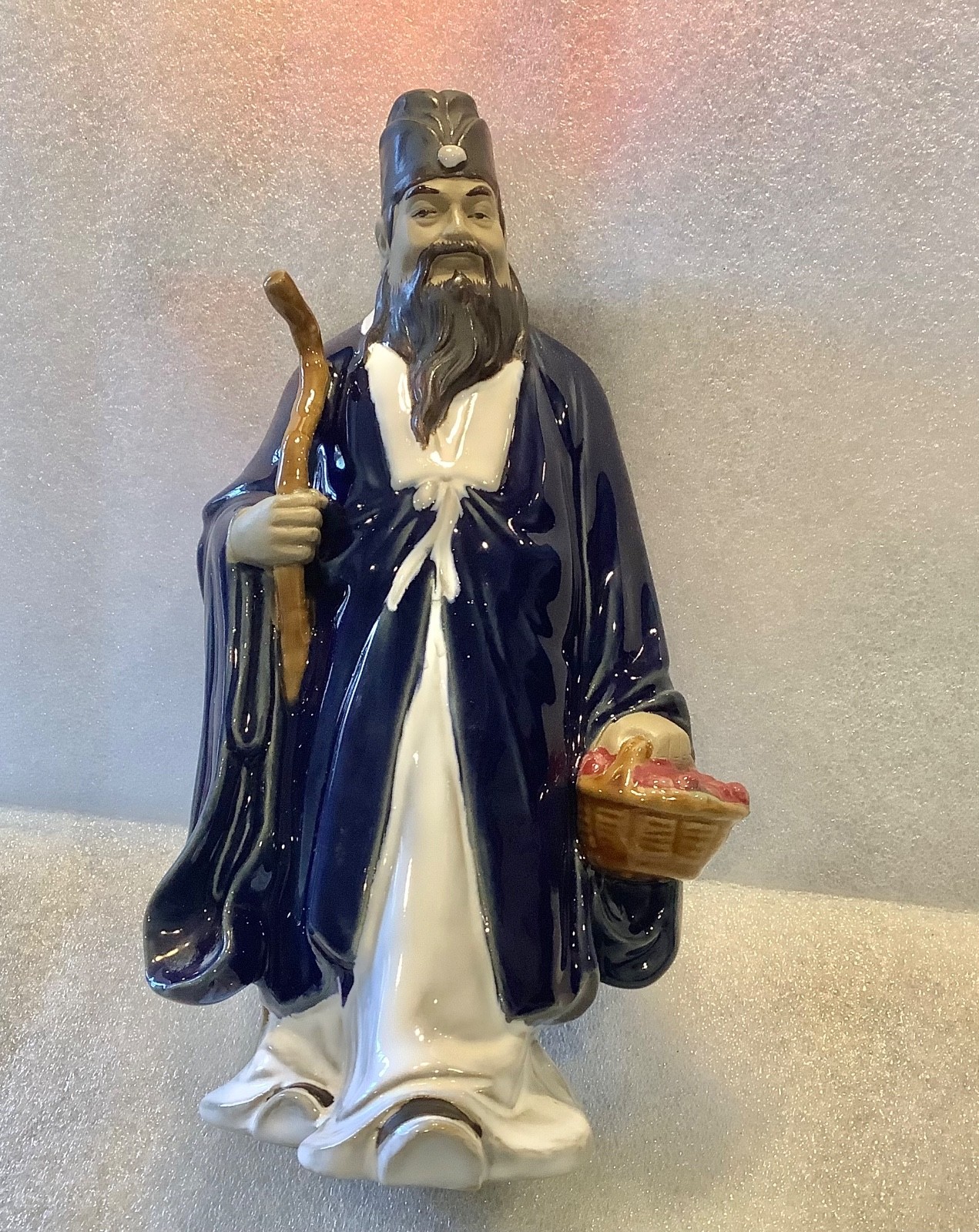 Wanjiang China Vintage Mud Pottery Man With Walking Stick Figurine Statue 10”