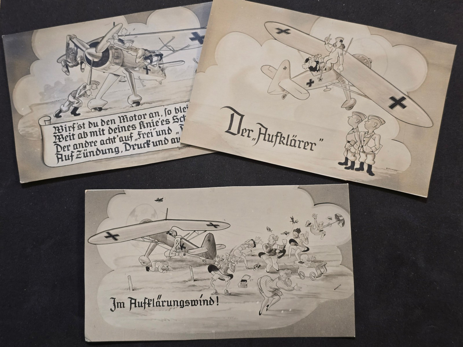 WWII German Luftwaffe Humor Cards Lot of 3 Aviation Cartoons Thick Card Stock