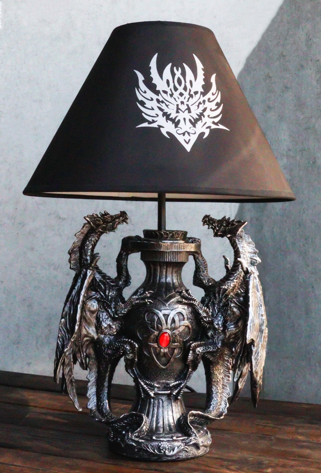 Ebros Gothic Climbing Dual Dragon Desktop Table Lamp Statue Decor & Shade 19\