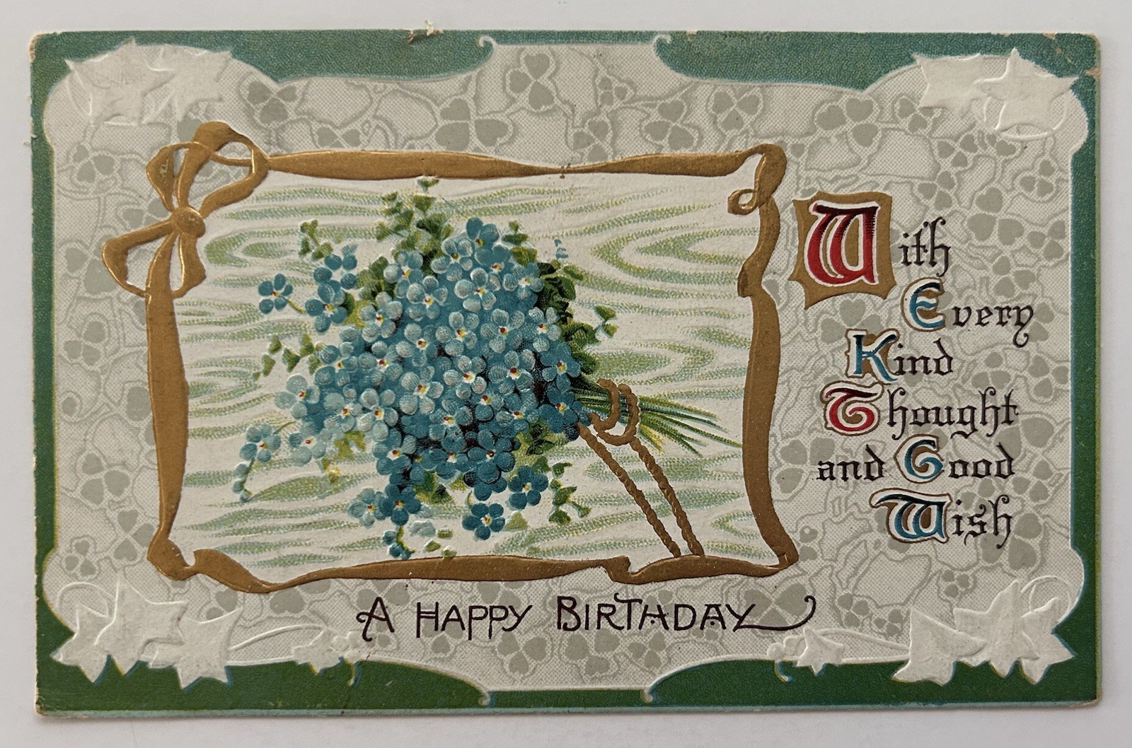 Antique Embossed Birthday Postcard Forget Me Nots Printed in Germany 1914