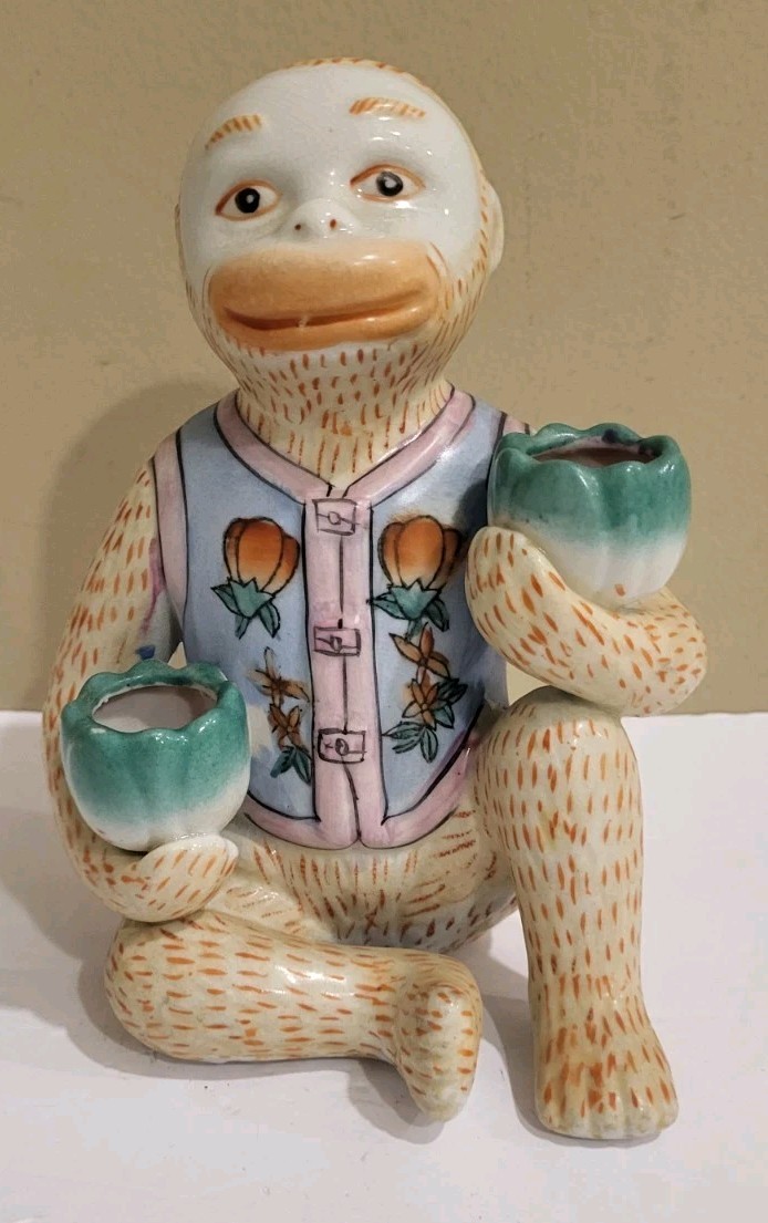 Hollywood Regency Chinoiserie Monkey Candle Holder Lotus Decor Vintage 7\