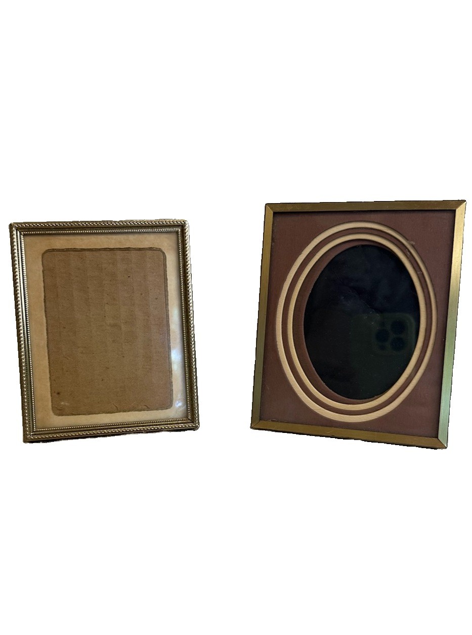 Vintage Gold Tone Metal Picture Frames Pair Oval Mat Ornate Easel Back