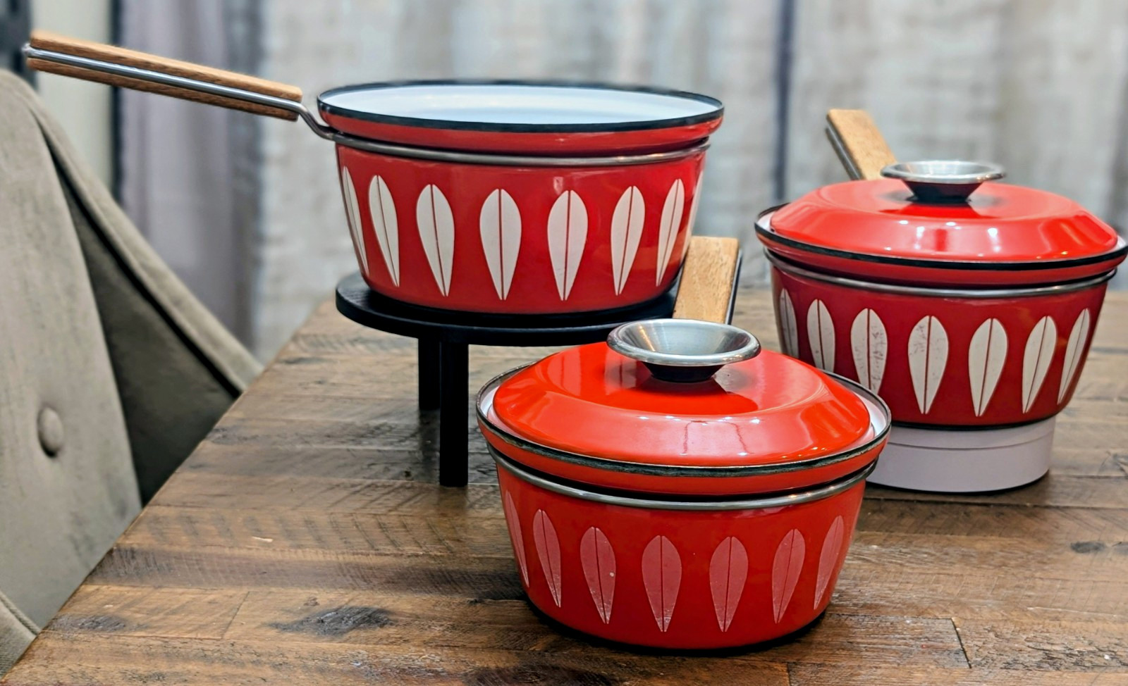 VTG Cathrineholm Norway Red Lotus 3 Pot 2 Lid Set Grete Prytz Kittelsen Teak MCM