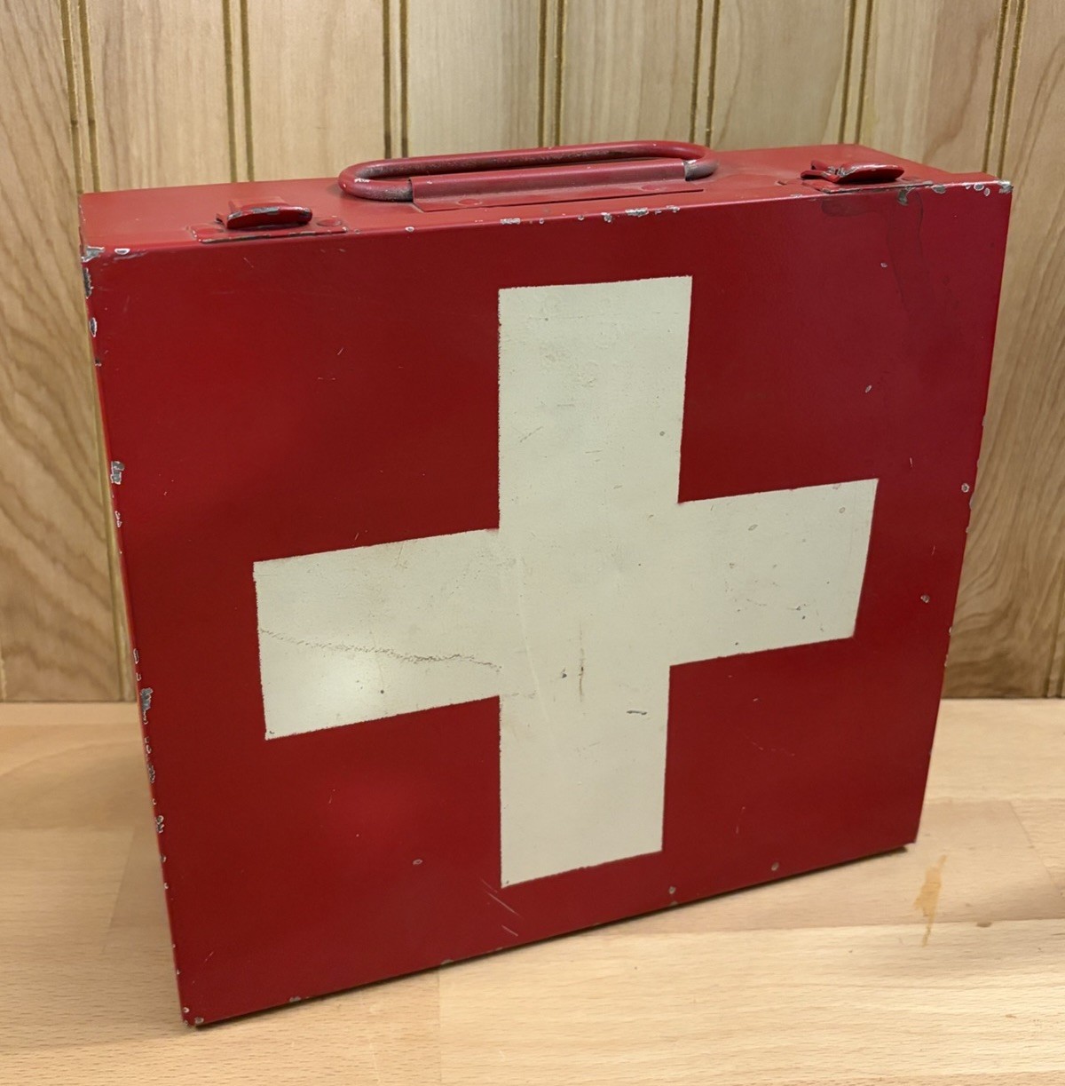 Vintage First Aid Kit Heavy Metal Box Antique Red With White Cross