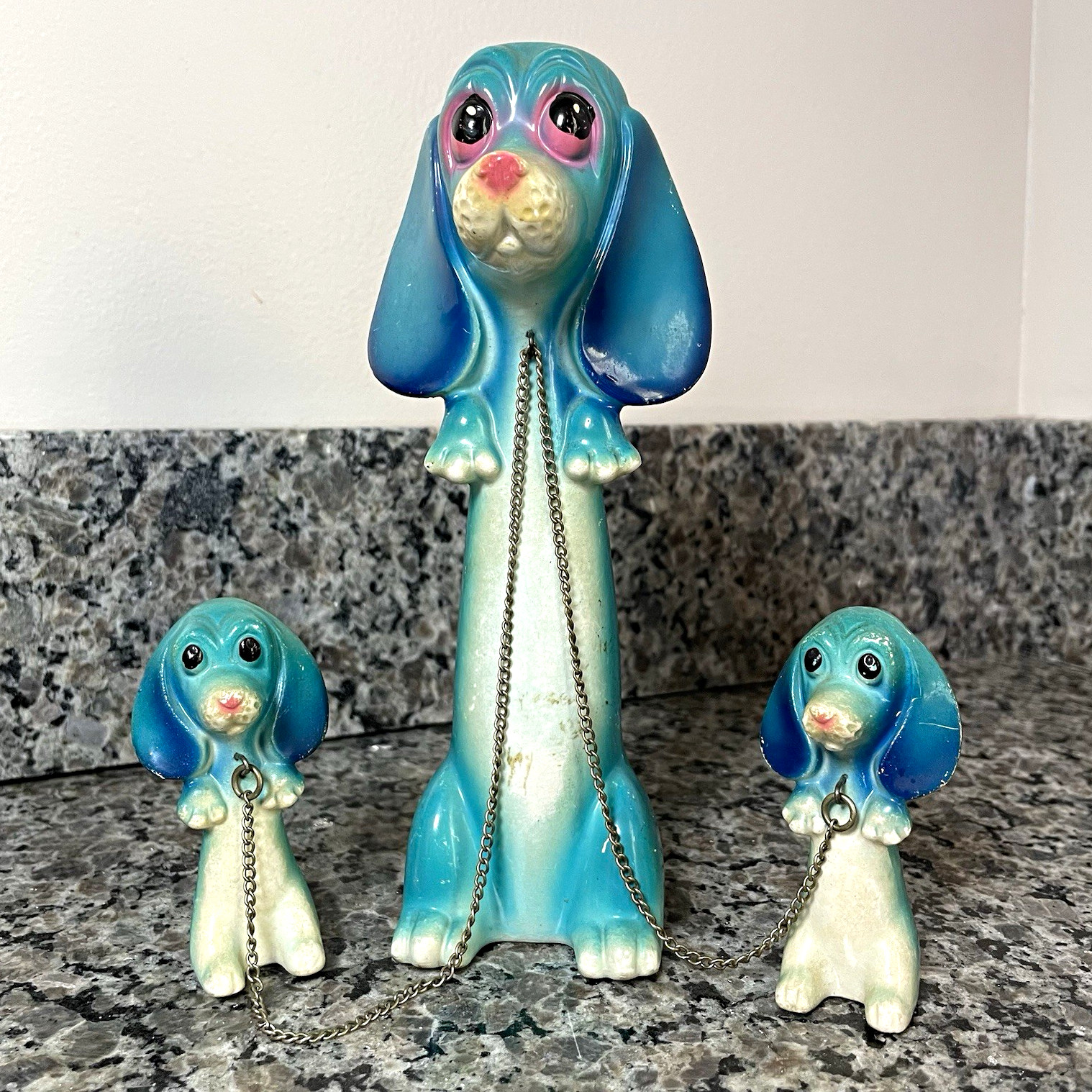 Vintage MCM Kitschy Blue Hound Dog Family Figurine Set Made in Japan