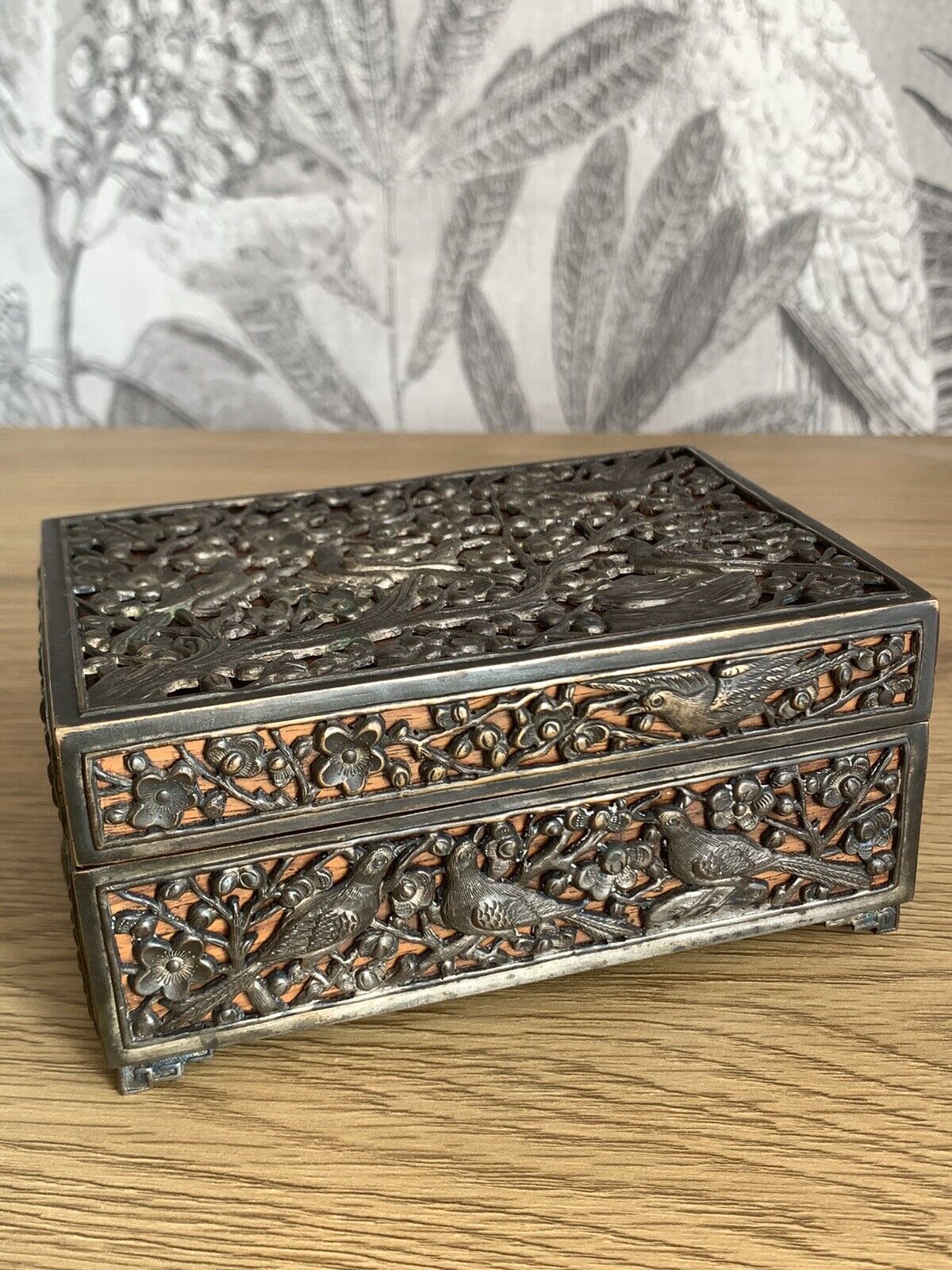 Rare Antique Mahogany Jewelry Box With Fine Raised Metal Patterns