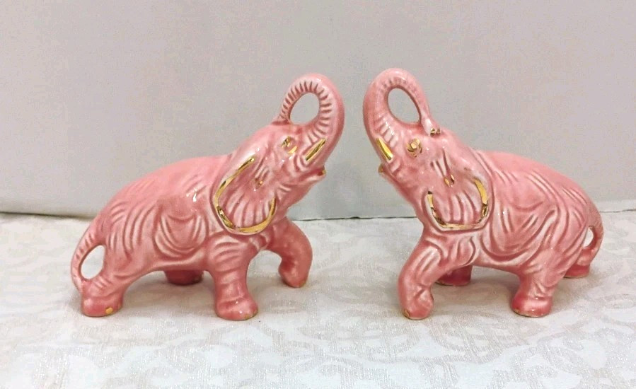 2 Vintage MCM Pink Ceramic Elephant Figurines Gold Accents Trunk Up Decor