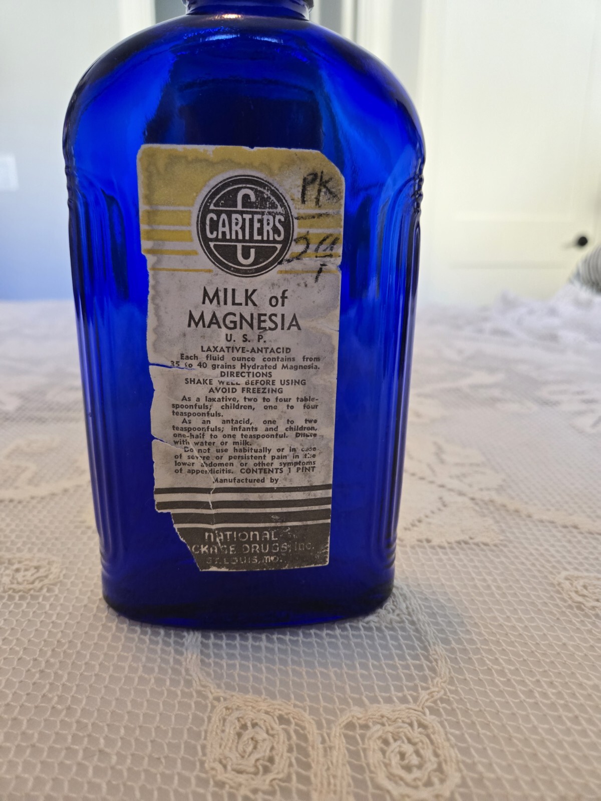 Antique Cobalt Blue Glass Carter\'s Milk Of Magnesia Bottle With Original Lable 