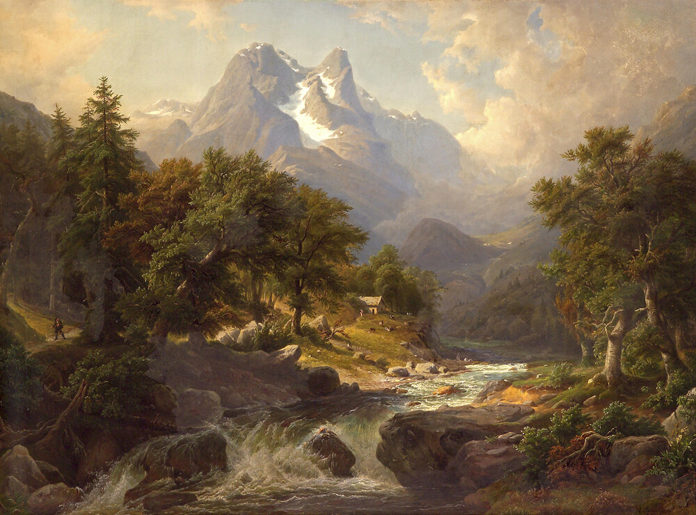 Oil painting beautiful landscape stream by the Alps mountains Adalbert Waagen 