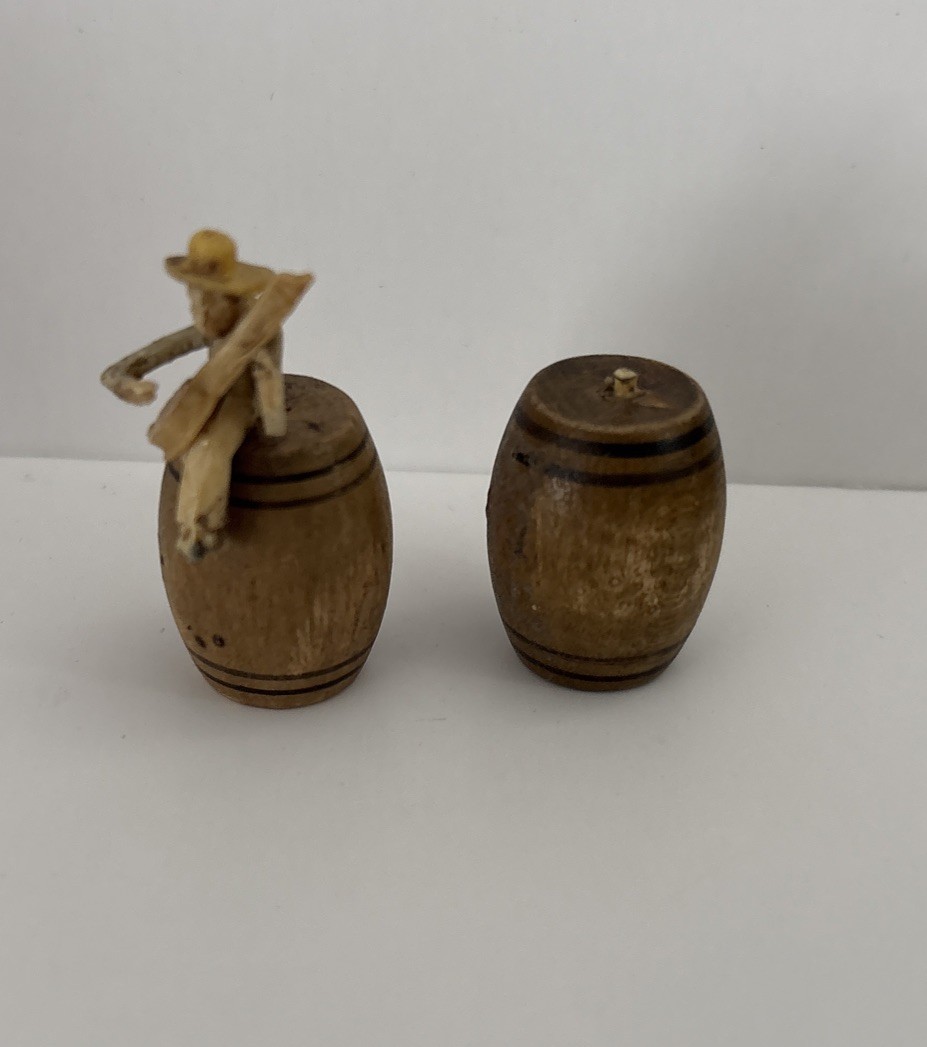 Vintage Miniature Man Playing Guitar on Barrel ~ Japan 2 Barrels