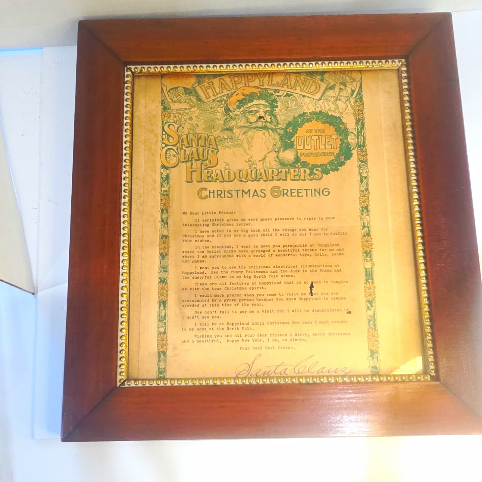 Antique 1916 Framed Happyland Santa Claus Christmas Letter, Providence RI Rare
