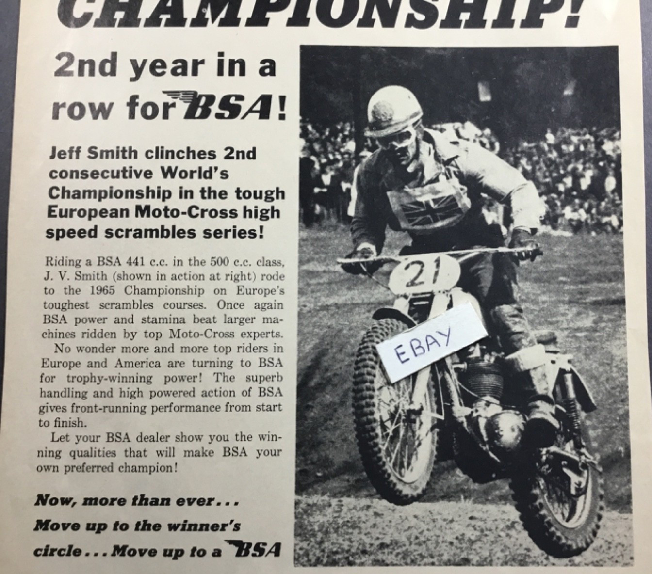 1965 Print Ad. Jeff Smith Winner 1965 Worlds Championship European Moto-Cross