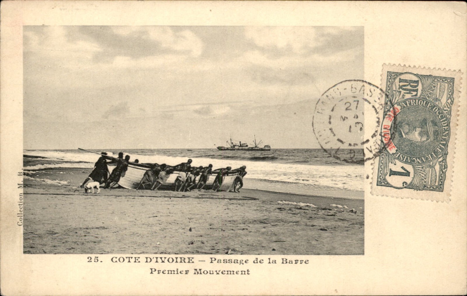 Ivory Coast Cote d\'Ivoire Beach Boat Barre c1910 Postcard bhn STAMP ON FRONT