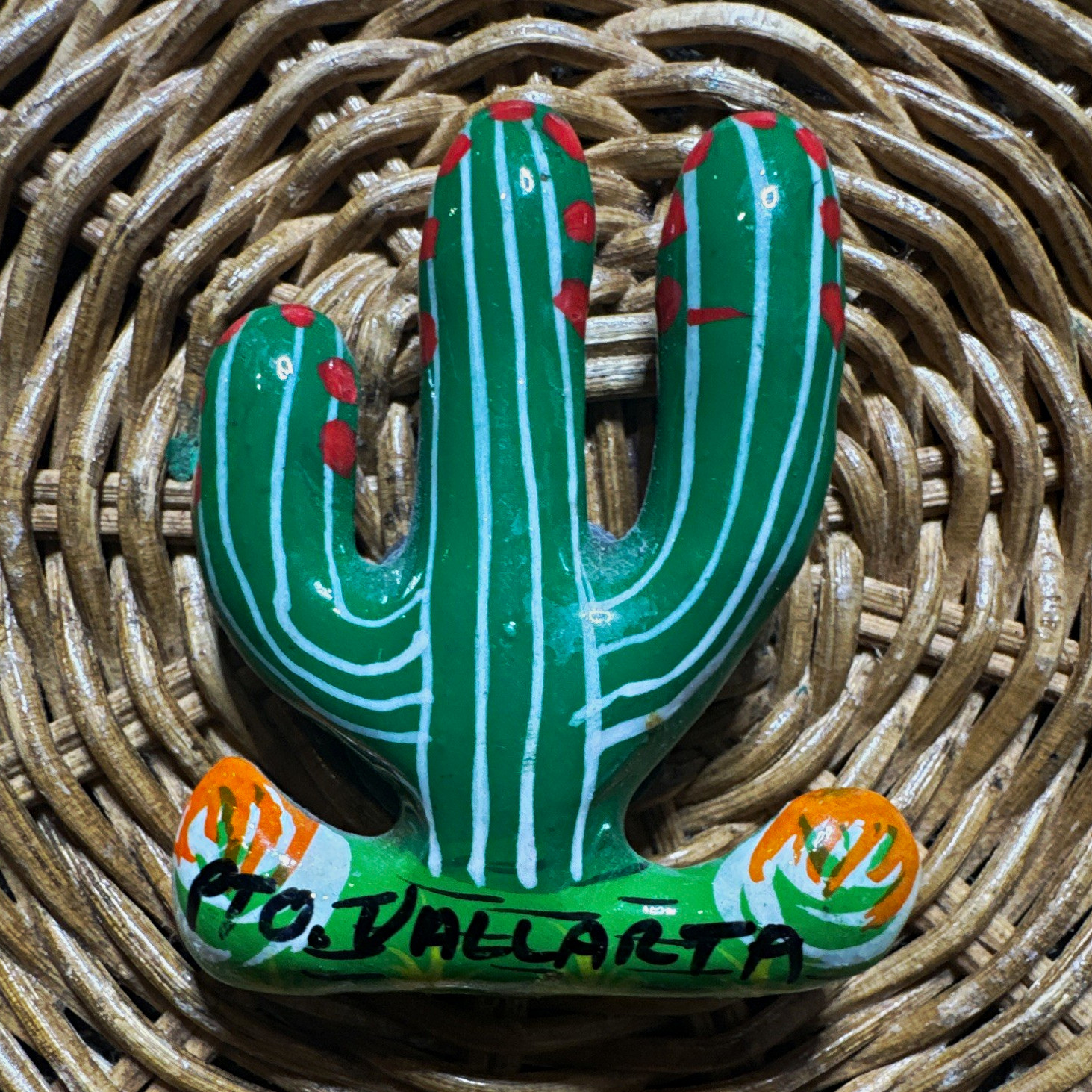Puerto Vallarta Cactus Ceramic Souvenir Fridge Magnet - Green Red White