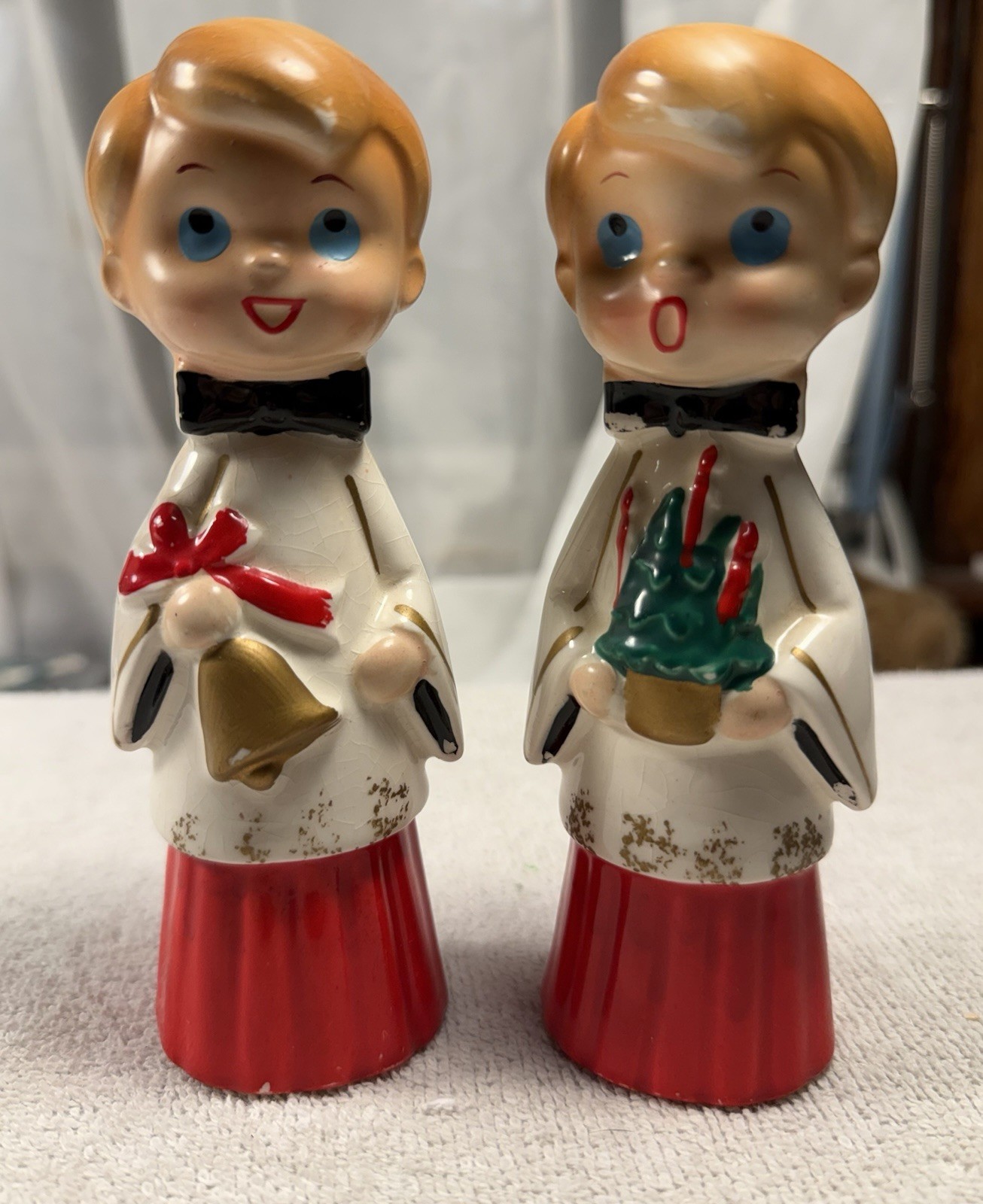 Vintage Christmas Choir Boy Figurines Japan Lot Of 2 MCM Bell And Christmas Tree