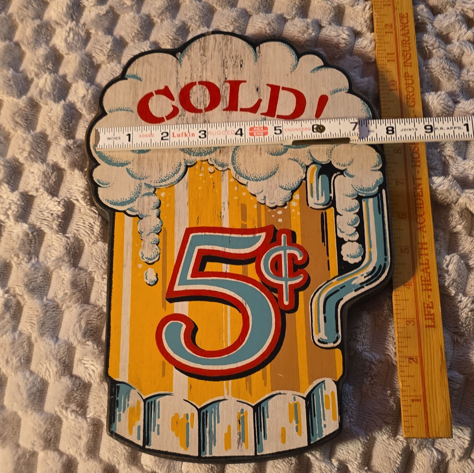 Vintage Cold Beer 5 Cents Wooden Sign Mug Shaped Tavern Bar Pub Man Cave Decor