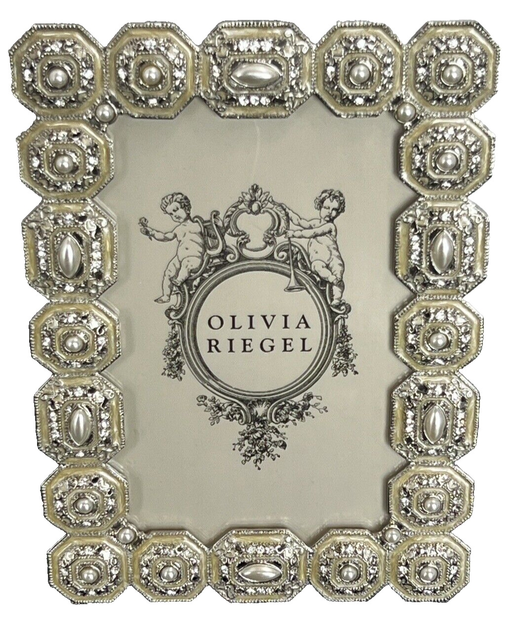 Olivia Riegel Picture Frame 5x7 Enamel Pearls Crystals Pewter