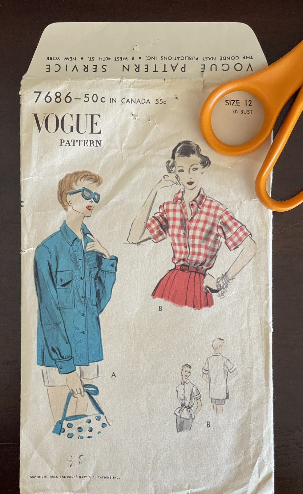 Vintage ORIGINAL 1953 VOGUE Women's Shirt Sewing Pattern Vogue 7686