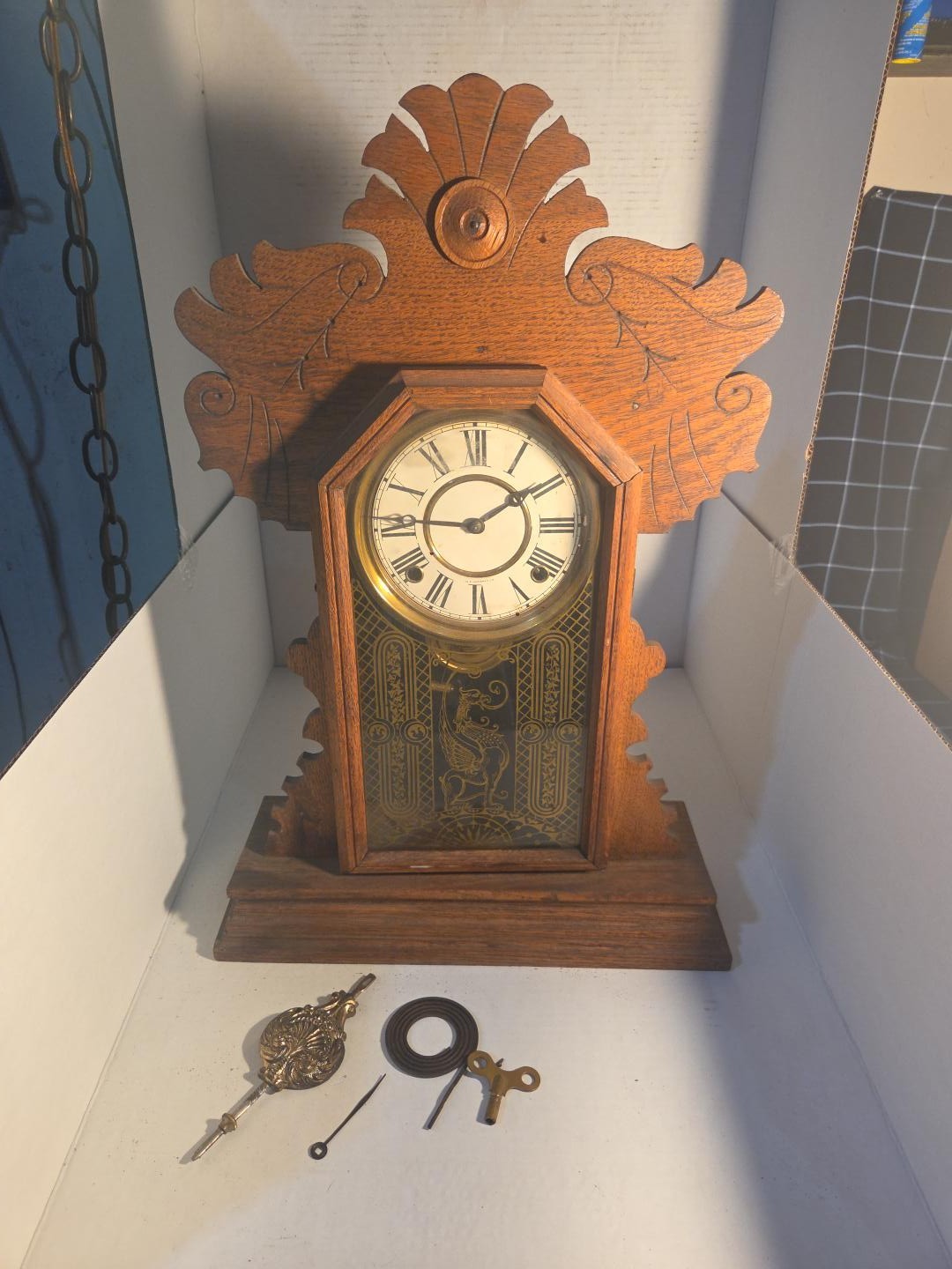 Antique 1880s E Ingraham Gingerbread Griffin Glass Clock Working Key Oak READ