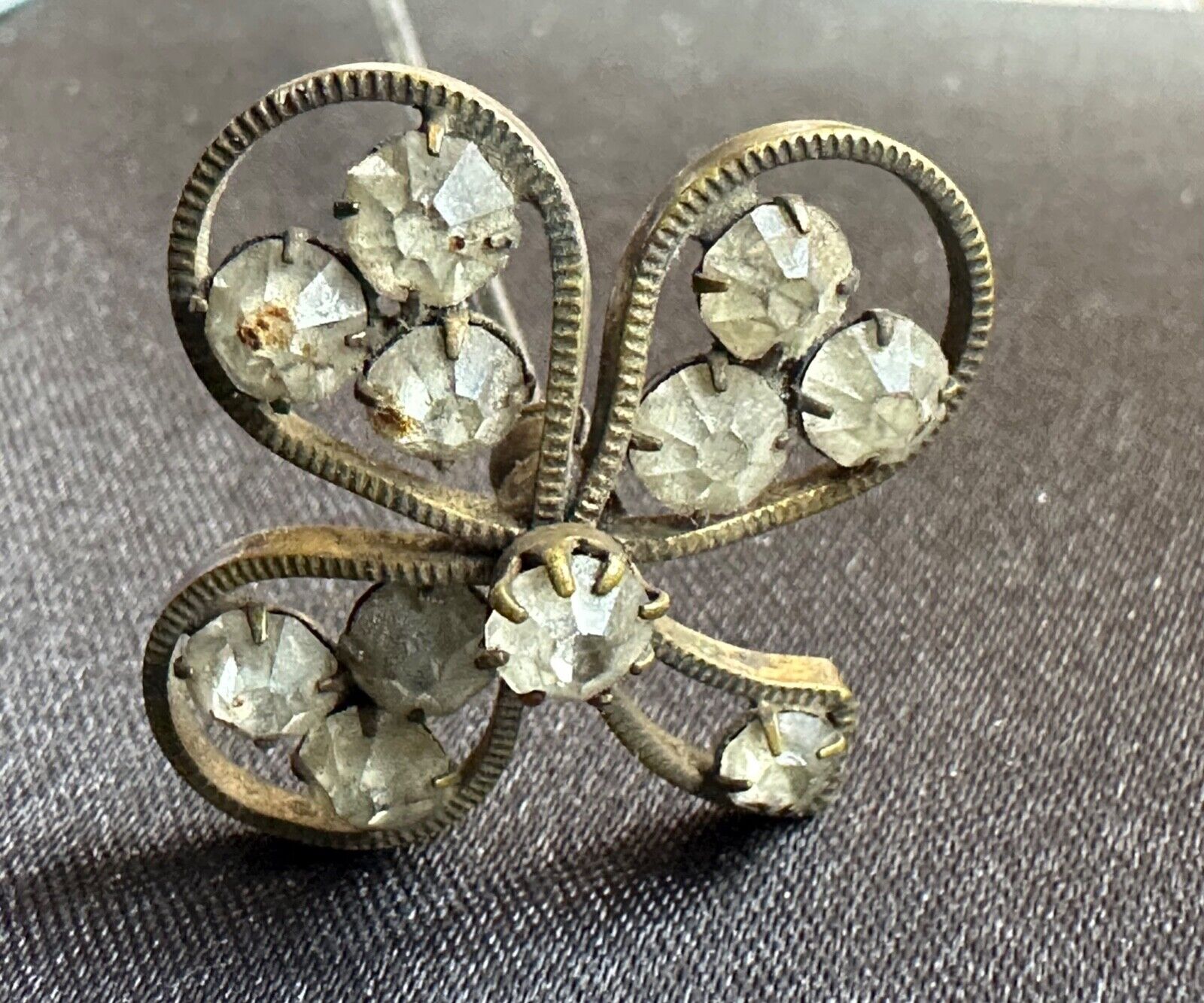 Unusual Antique French Hat Pin Three leaves Clover with Crystals insertions 20cm