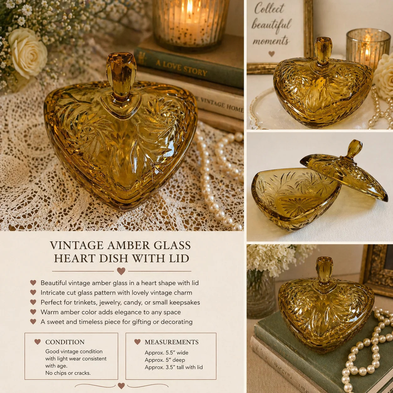 Vintage Amber Glass Heart Dish with Lid | Cut Glass Candy Dish | Romantic Trinke Vintage Amber Glass Heart Dish with Lid | Cut Glass Candy Dish | Romantic Trinke