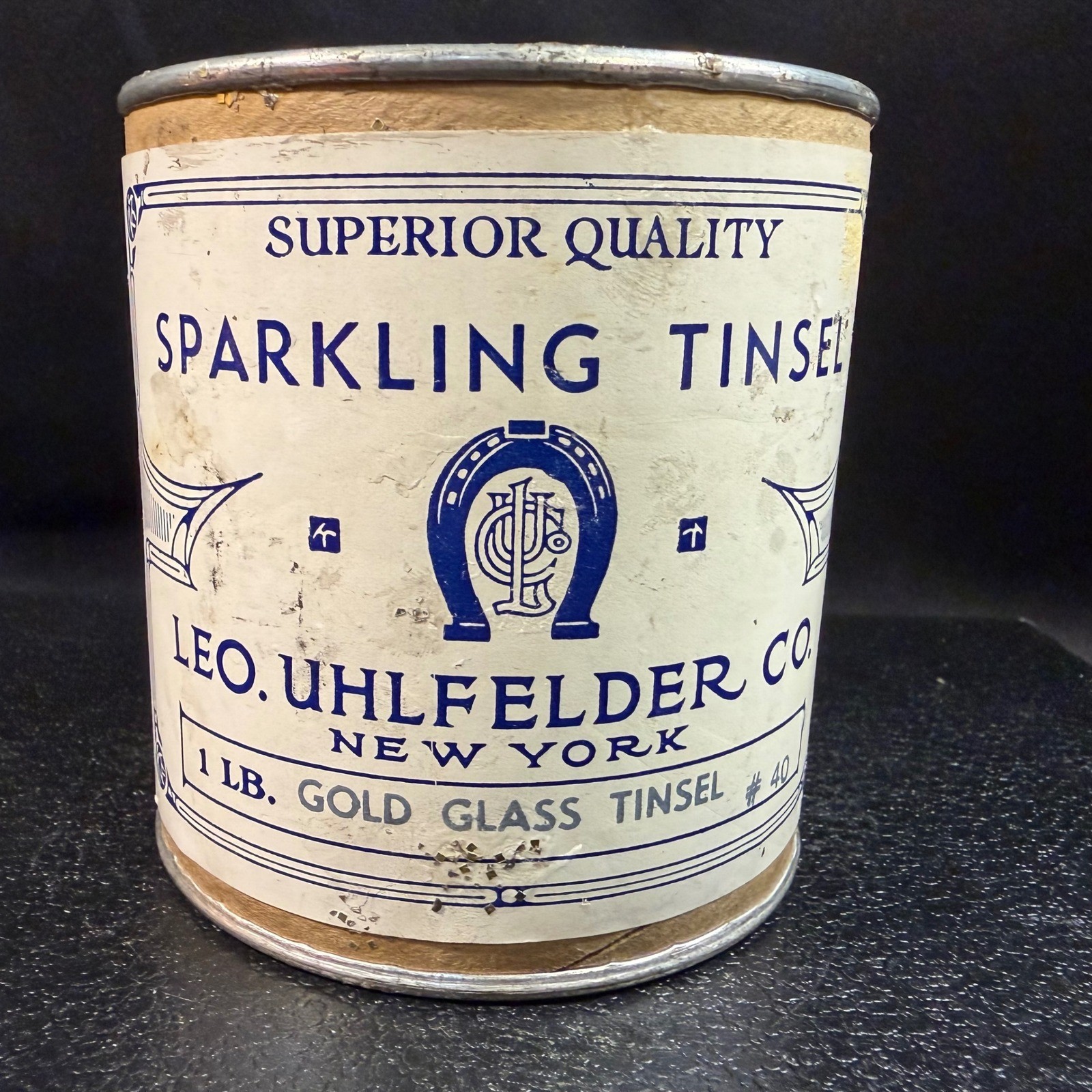 Antique Leo Uhlfelder Co NY Gold Glass Tinsel #40 Canister 1lb Vintage Decor