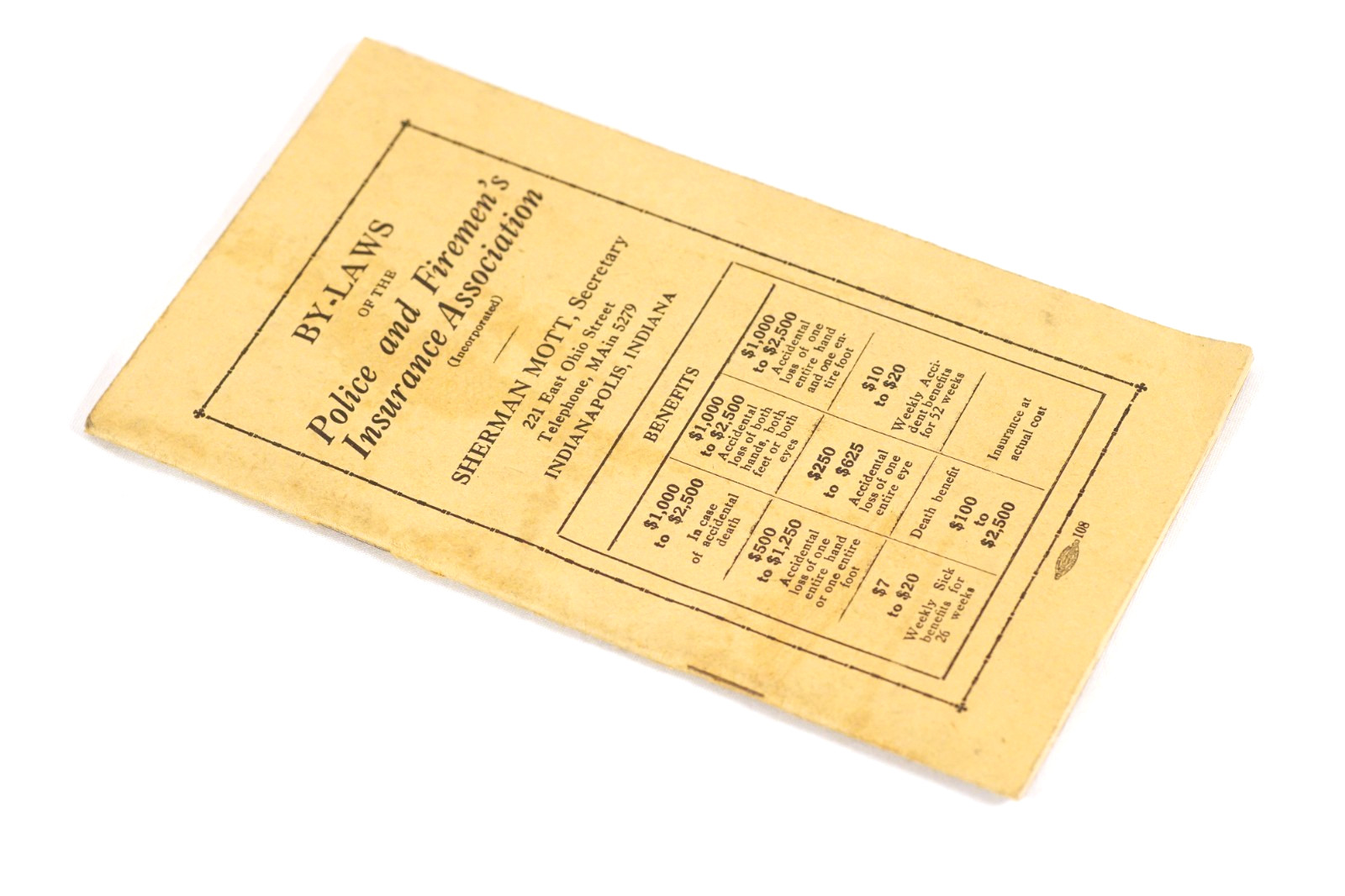 Vintage 1920s By Laws Police & Firemen's Insurance Company Booklet Sherman Mott Vintage 1920s By Laws Police & Firemen's Insurance Company Booklet Sherman Mott