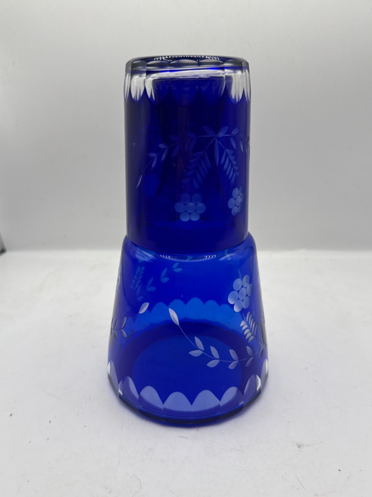 Vintage Cobalt Blue Etched Glass Decanter & Tumbler Set Floral Design