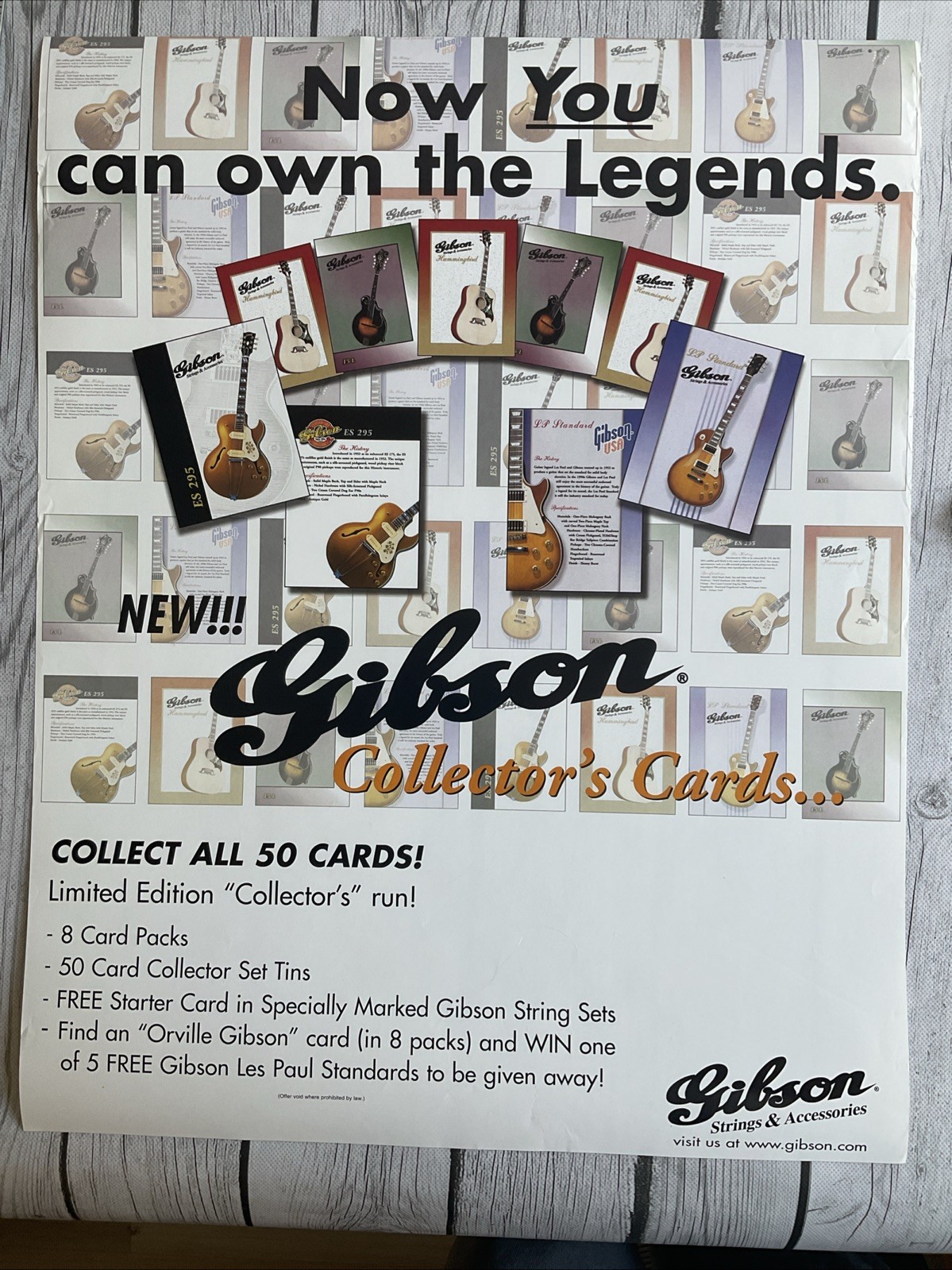 Vintage 1990’s GIBSON GUITARS PROMO POSTER Music Store ADVERTISEMENT 20” X 16”