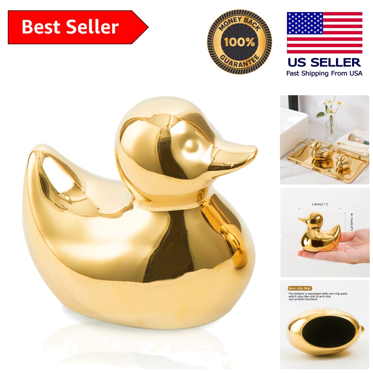 Handmade Gold Ceramic Duck Statue - Perfect Accent for Bookshelves and Tables