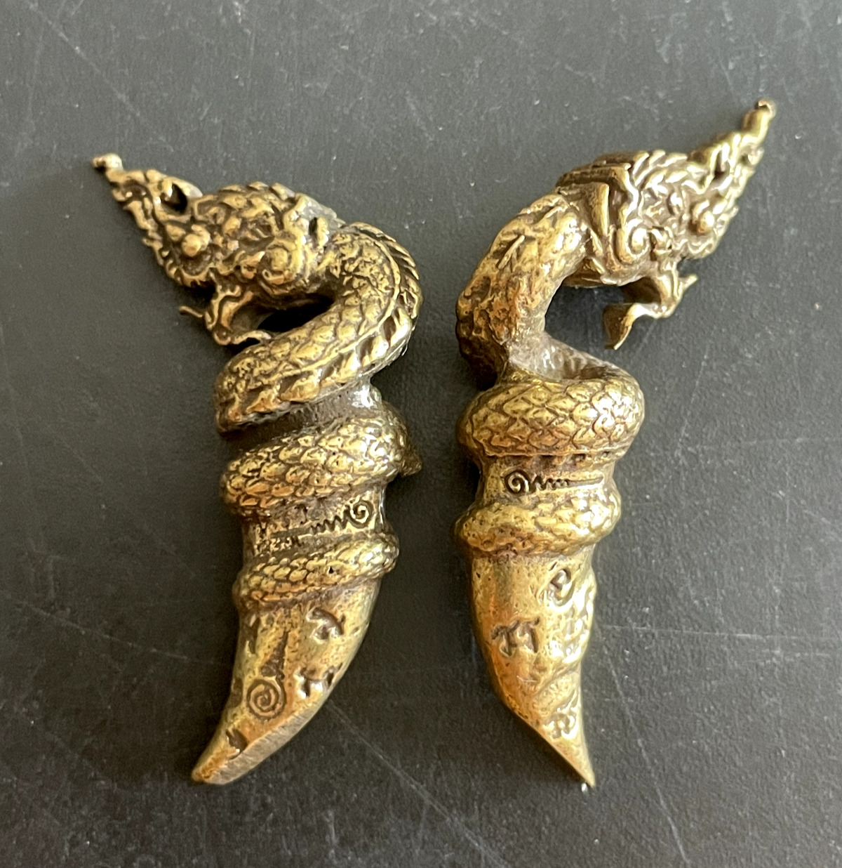 Khmer Dragon Sacred Talisman Amulet Miniature Brass Figure Cambodia d8