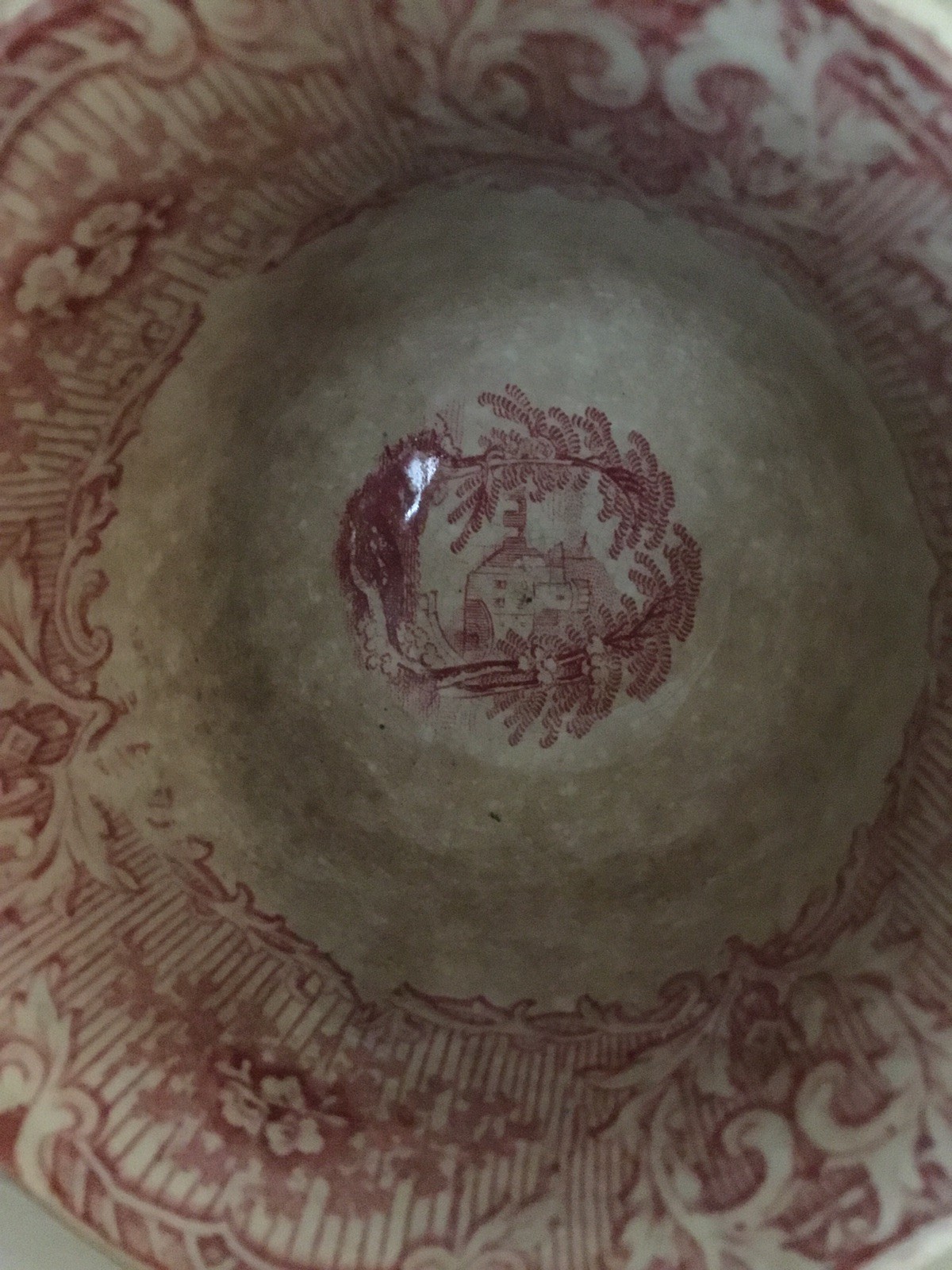 Vintage Antique DISTRESSED BROWN TOASTY Red Transferware Handleless Cup 12 Panel