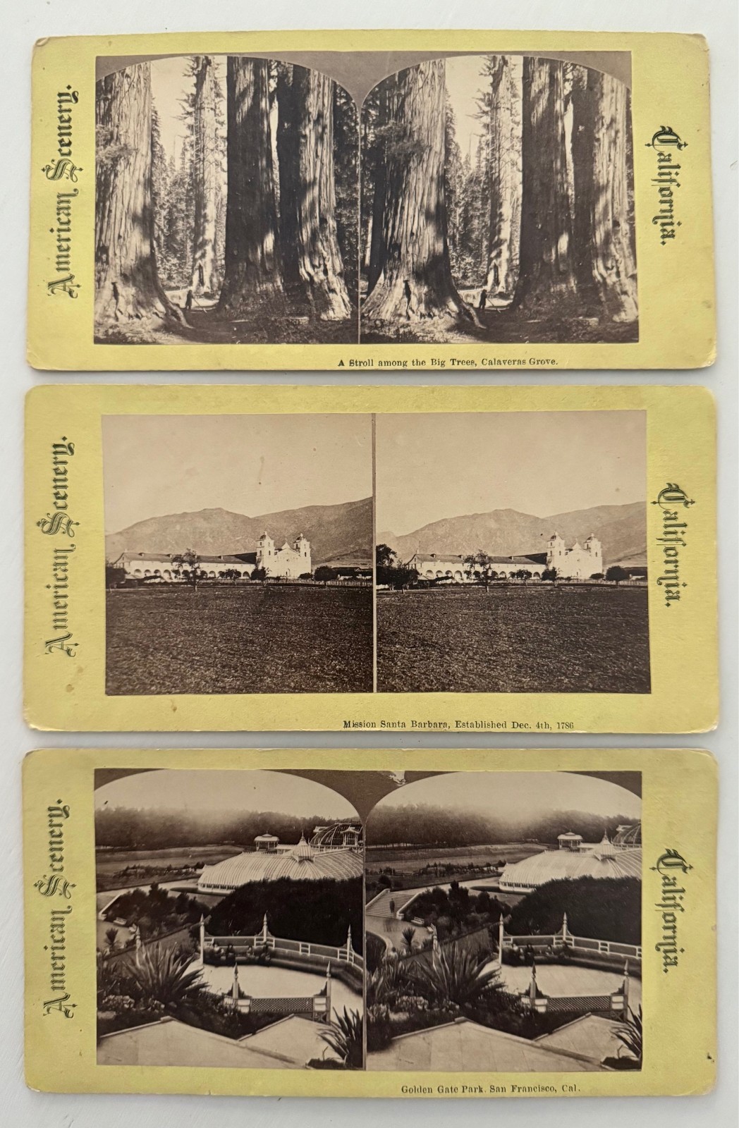 3 California Stereoviews Watkins Reilly Santa Barbara Calaveras Golden Gate