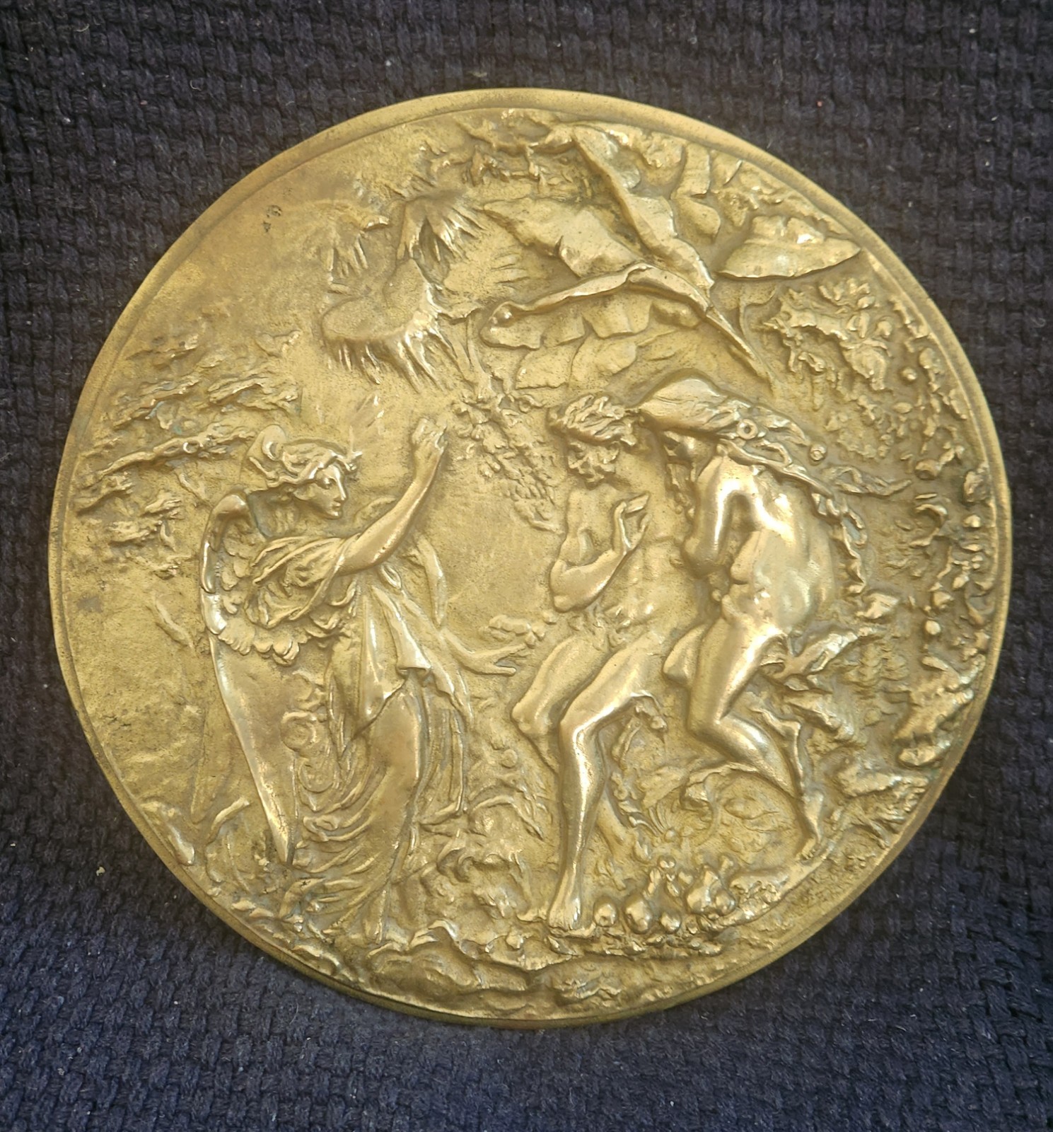 Antique Patinated Adam & Eve Expulsion From The Garden Bronze Plaque 9\