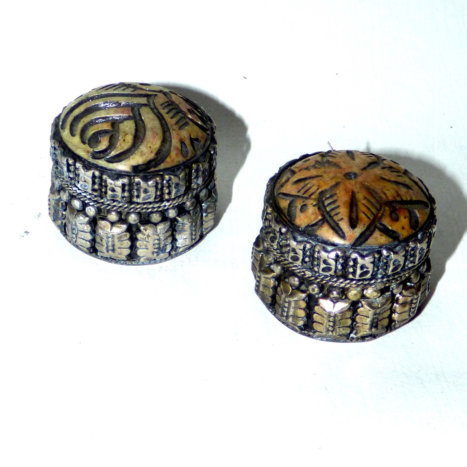 Pair Vintage Indian Alpaca Pill Boxes Soapstone Boho-Chic